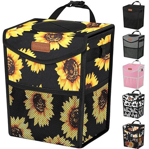 Vista 95 de Bote de basura para automóvil con tapa, bonito cubo de basura a prueba de fugas para colgar el vehículo, pequeño organizador portátil para asientos