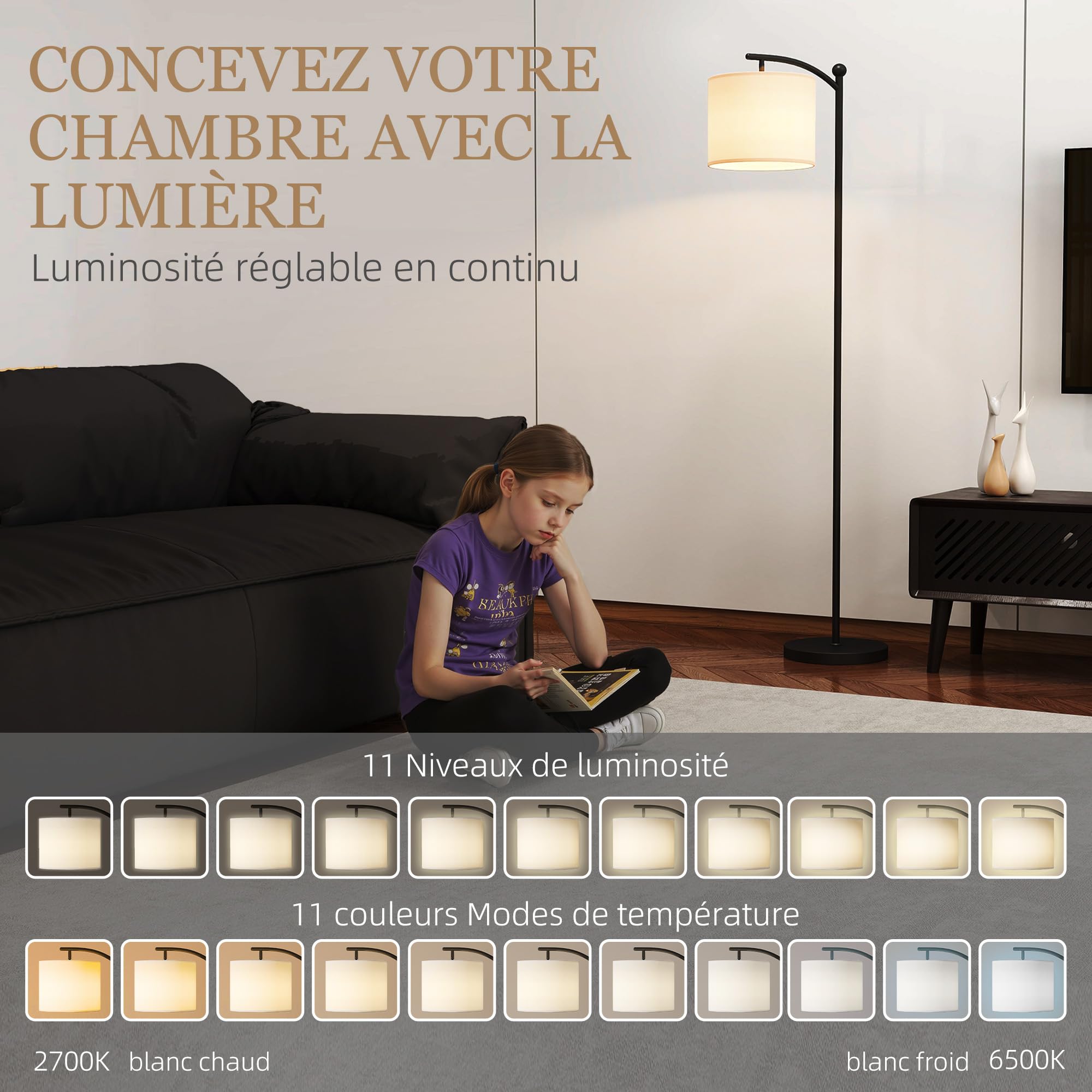 HOMCOM Lampa stojąca, do salonu, nowoczesna, możliwość ściemniania, 2 temperatury barwowe, pilot zdalnego sterowania, 60 minut, timer, do salonu i sypialni, 160 cm, czarna