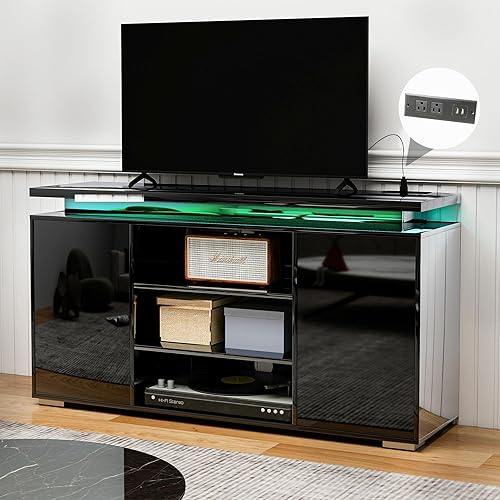 Miniatura 4 de Soporte de TV de alto brillo, centro de entretenimiento moderno con almacenamiento de 2 puertas para televisores de hasta 60 pulgadas, mesa consola