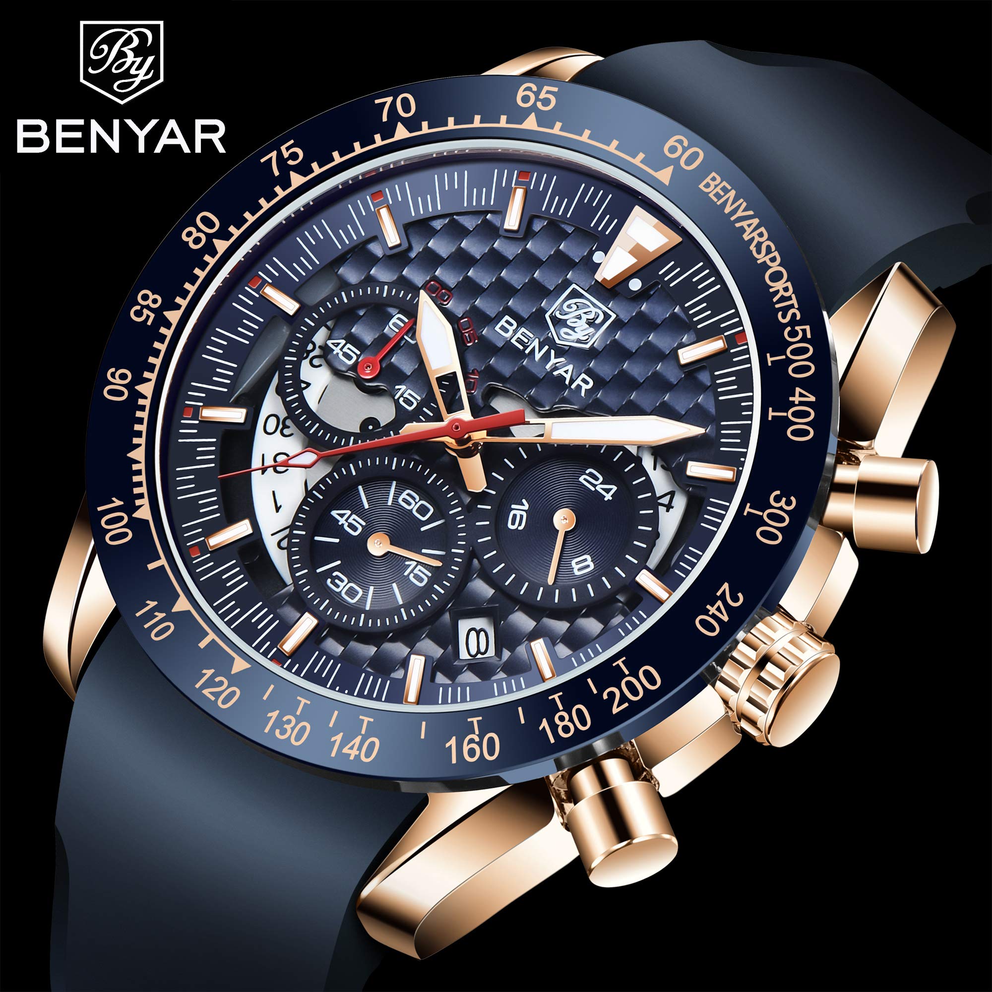 BENYAR BY Orologio Uomo Casual Cronografo da Uomo Movimento al Quarzo Cinturino in pelle Moda Sportivo 30M impermeabile Elegante Regalo per Uomo