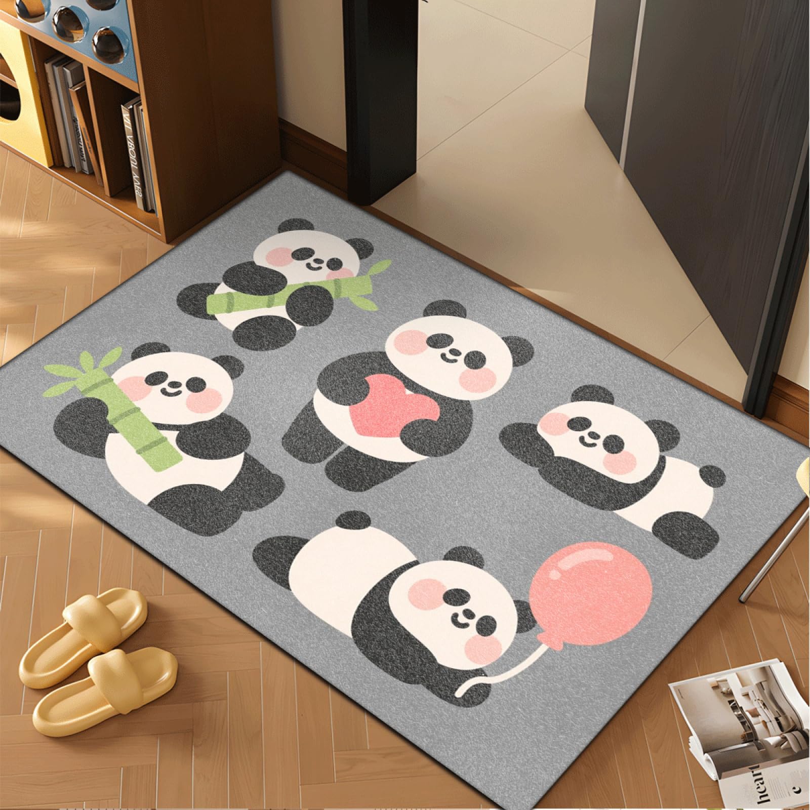 Paillasson Exterieur Entree Coeur Panda Gris Tapis Entree Interieur Facile à Nettoyer Paillasson Interieur Antidérapant Lavable en Machine pour Chambre Cuisine Couloir 60x90 cm