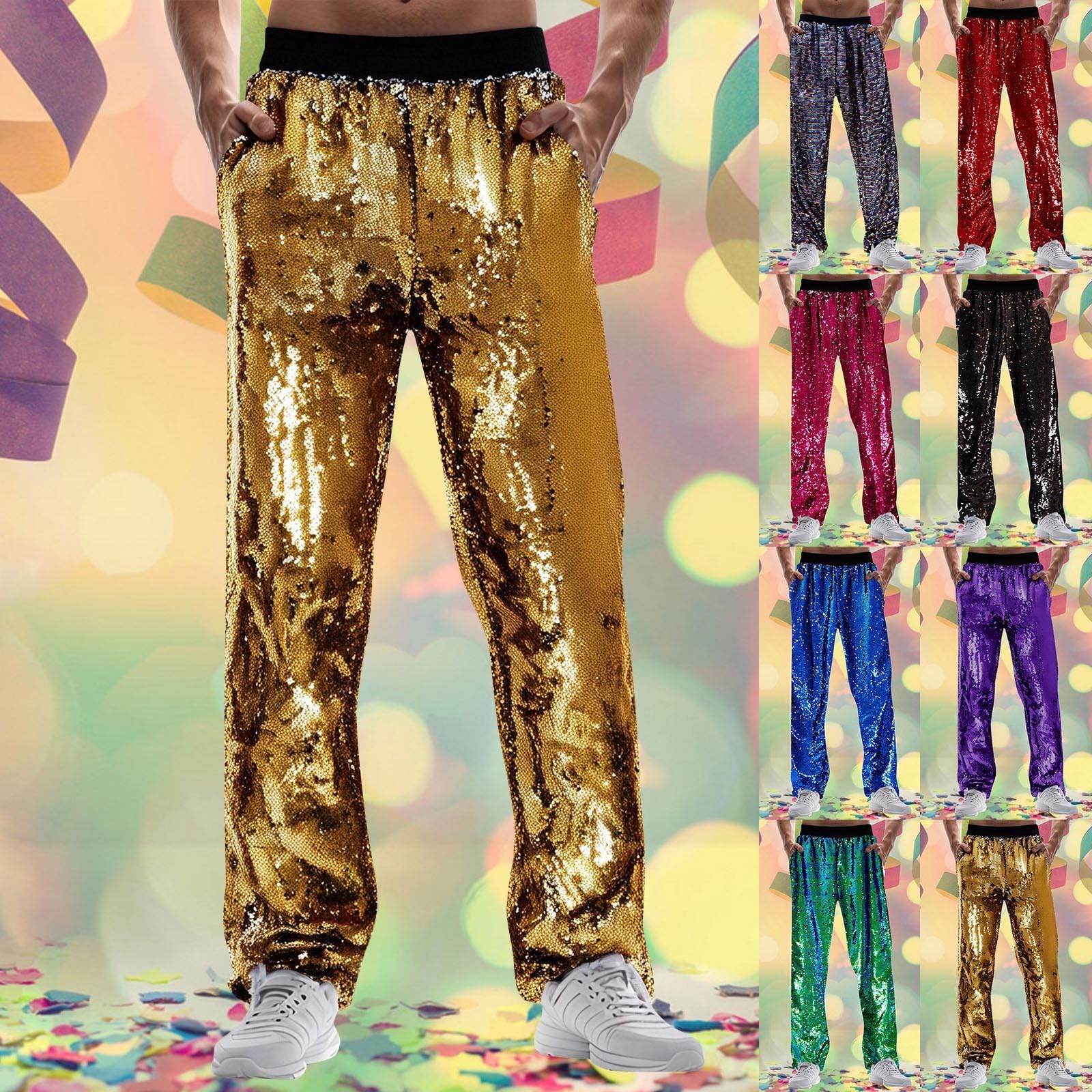 Pantalon disco métallisé années 70/80 à paillettes pour homme - Pantalon de fête - Pantalon de danse brillant - Pantalon de danse jazz brillant - Pantalon de danse - Pantalon de danse