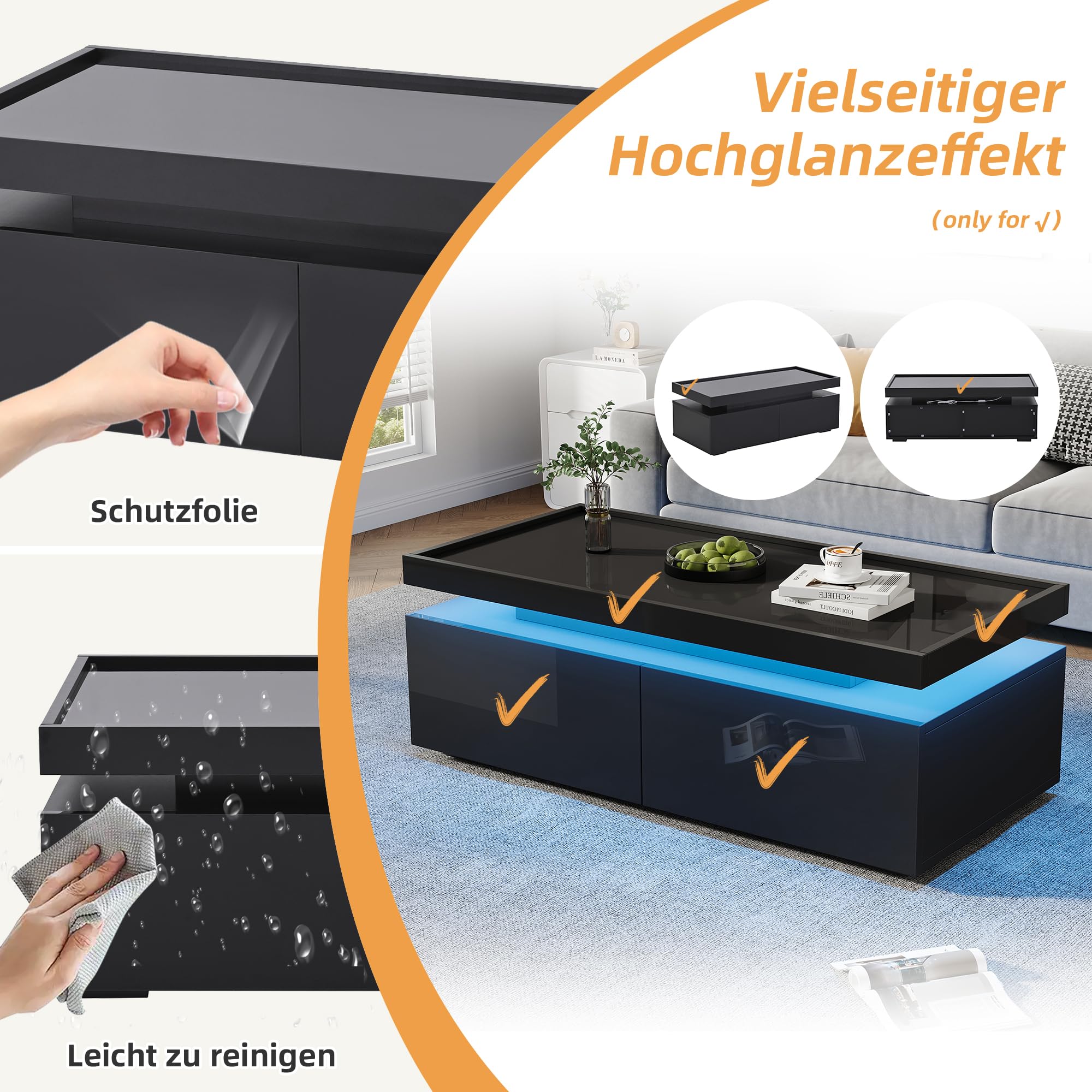 Stolik kawowy 95 x 45 x 35 cm czarny | stół do salonu, stolik kawowy | Nowoczesny stół do salonu z diodami LED, miejscem do przechowywania i szufladami – idealny jako stolik na co dzień i