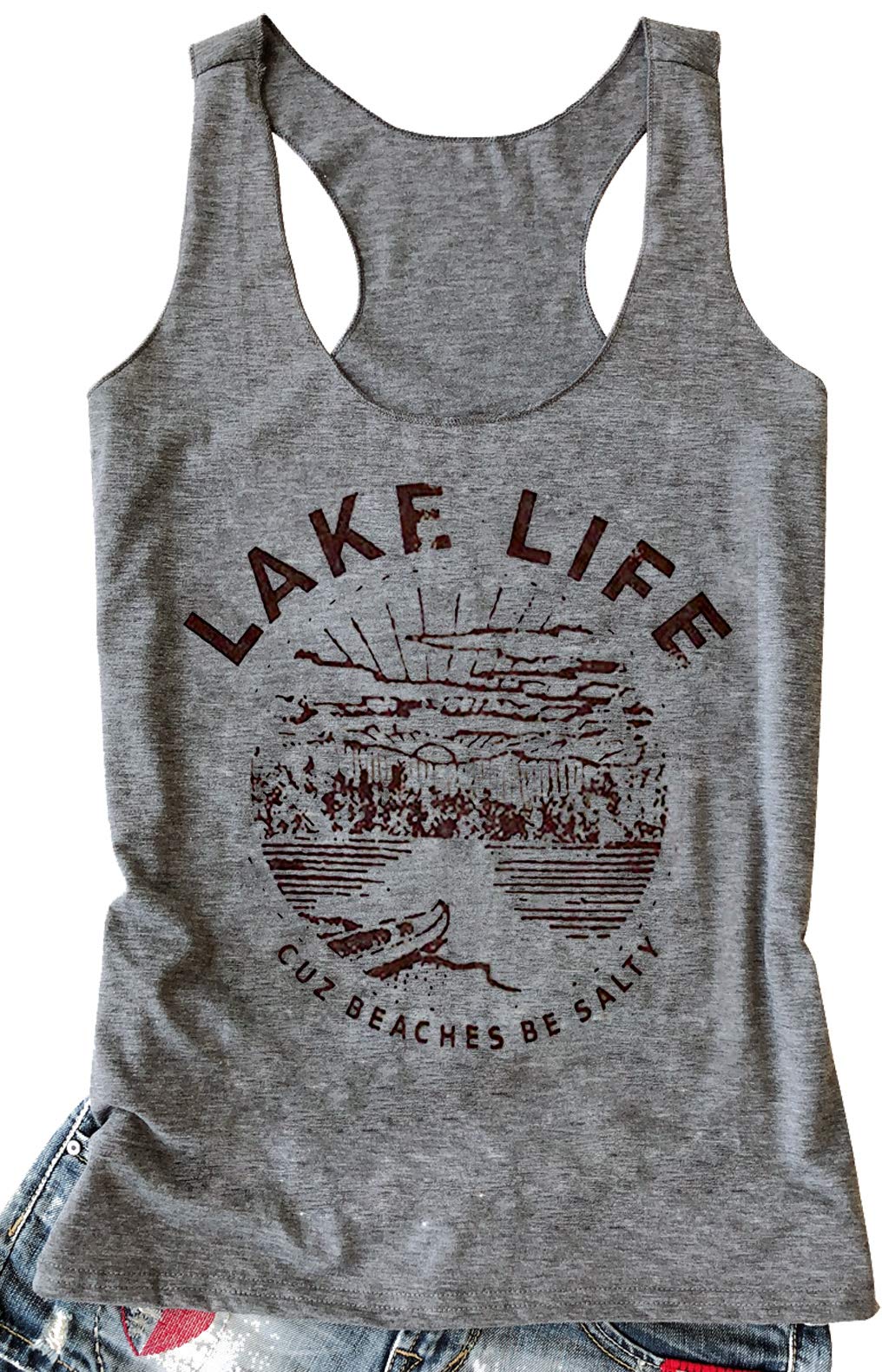 LANMERTREEWomen Graphic Tees Lake Life Letters Print Tank Top Sleeveless Workout T-Shirt (XL, Grey)