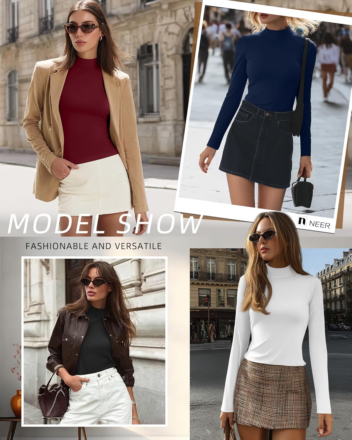 Neer 4 Pack Women's Mock Turtleneck Tops, Slim Fitted Long Sleeve Shirts Mock Neck Basic Undershirts Lightweight Layer Tee - Image 2