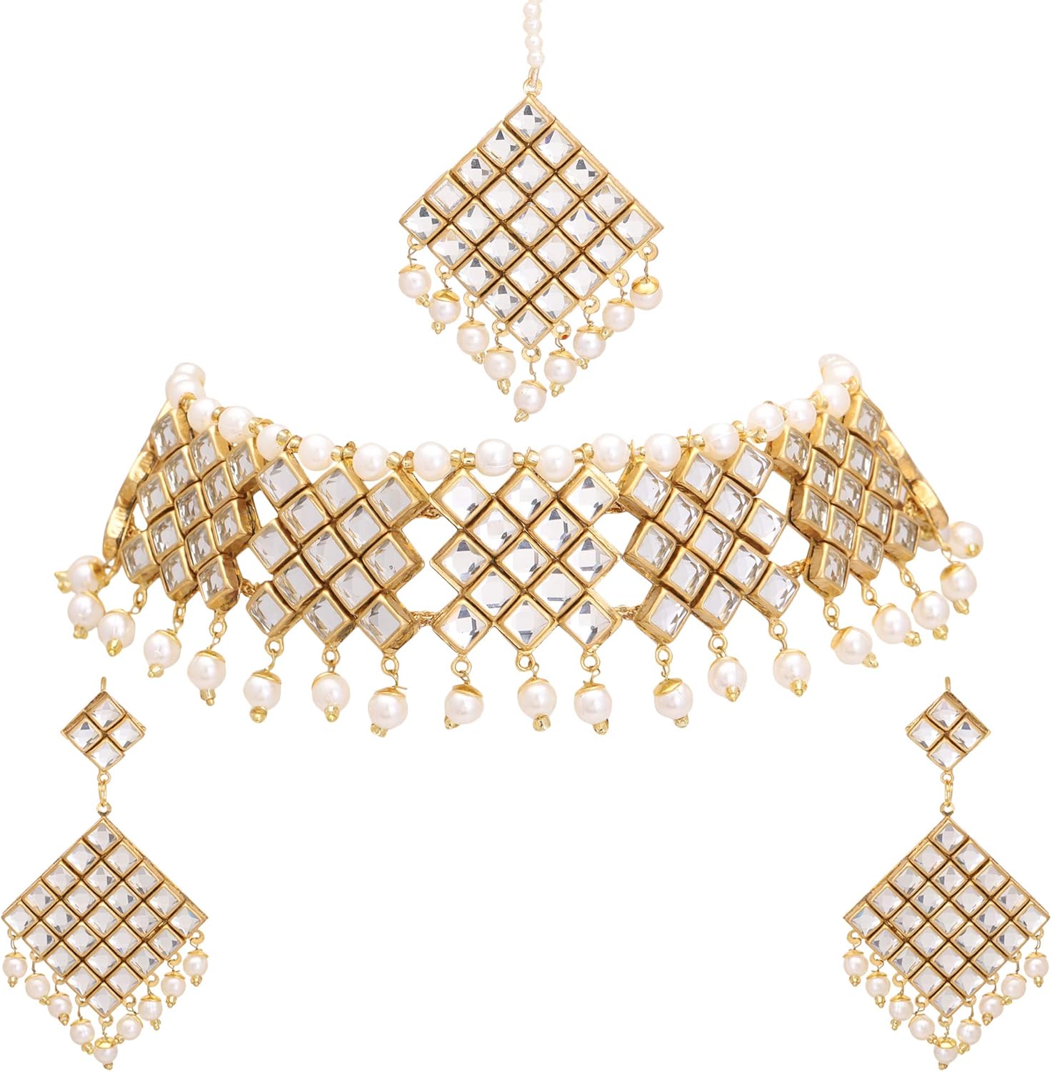Jwellmart Indian CZ Traditional Bridal Wedding Party Wear Choker Style CZ Stone Necklace Earrings Set for Women