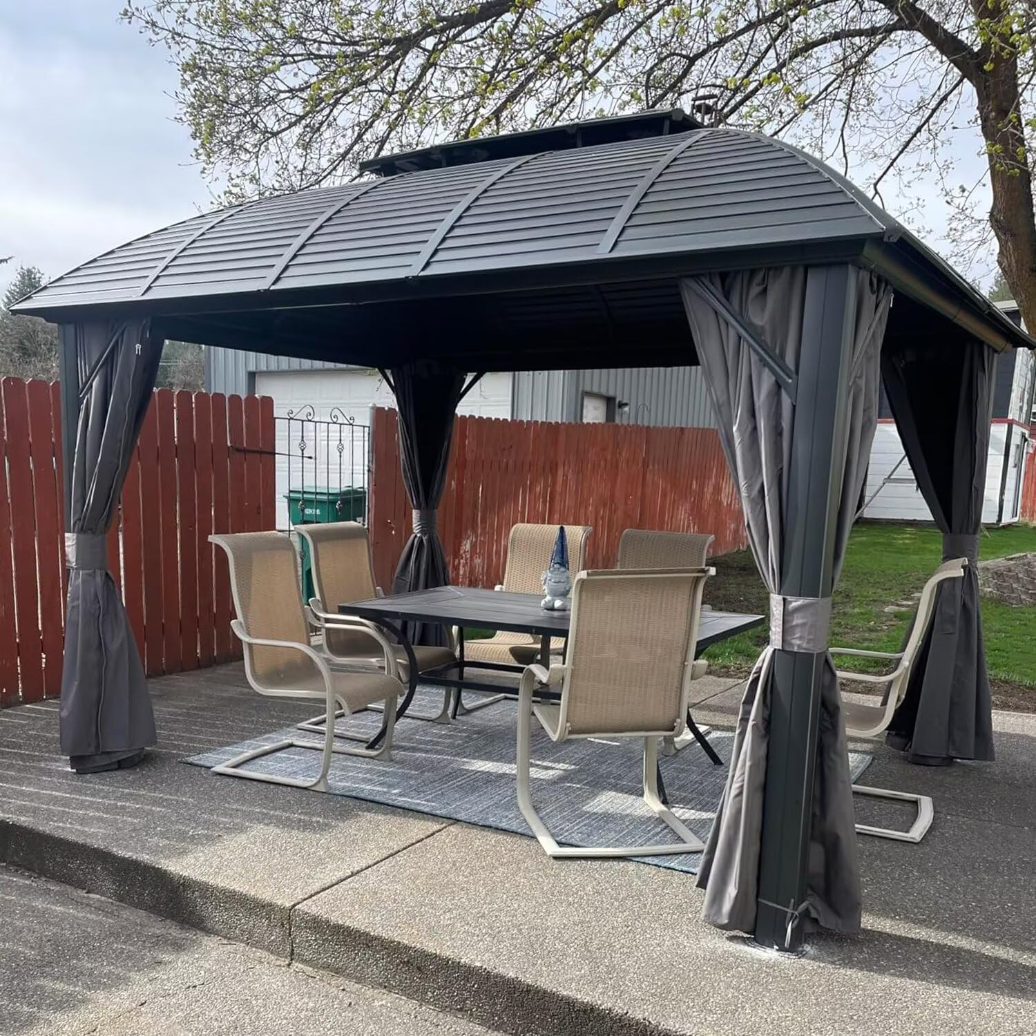 Domi 10'x12' Hardtop Gazebo Arc Canopy,Outdoor Aluminum Gazebo with Galvanized Steel Double Roof,Curtain and Netting,Permanent Gazebos Pavilion for Patio Deck,Backyard,Gray