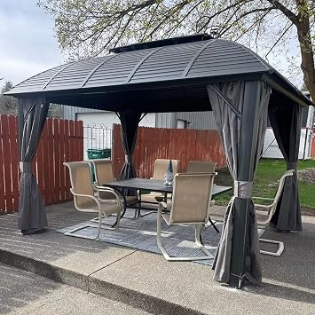 Domi 10x12 Hardtop Gazebo Arc Canopy,Outdoor Aluminum Gazebo with Galvanized Steel Double Roof,Curtain and Netting,Permanent Gazebos Pavilion for Patio Deck,Backyard,Gray