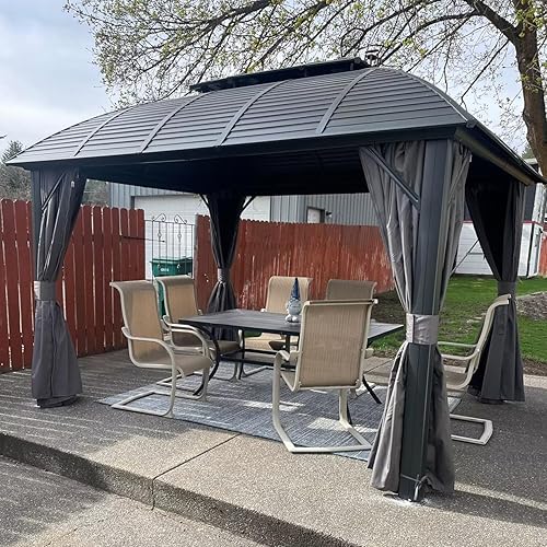 Domi 10'x12' Hardtop Gazebo Arc Canopy,Outdoor Aluminum Gazebo with Galvanized Steel Double Roof,Curtain and Netting,Permanent Gazebos Pavilion for Patio Deck,Backyard,Gray