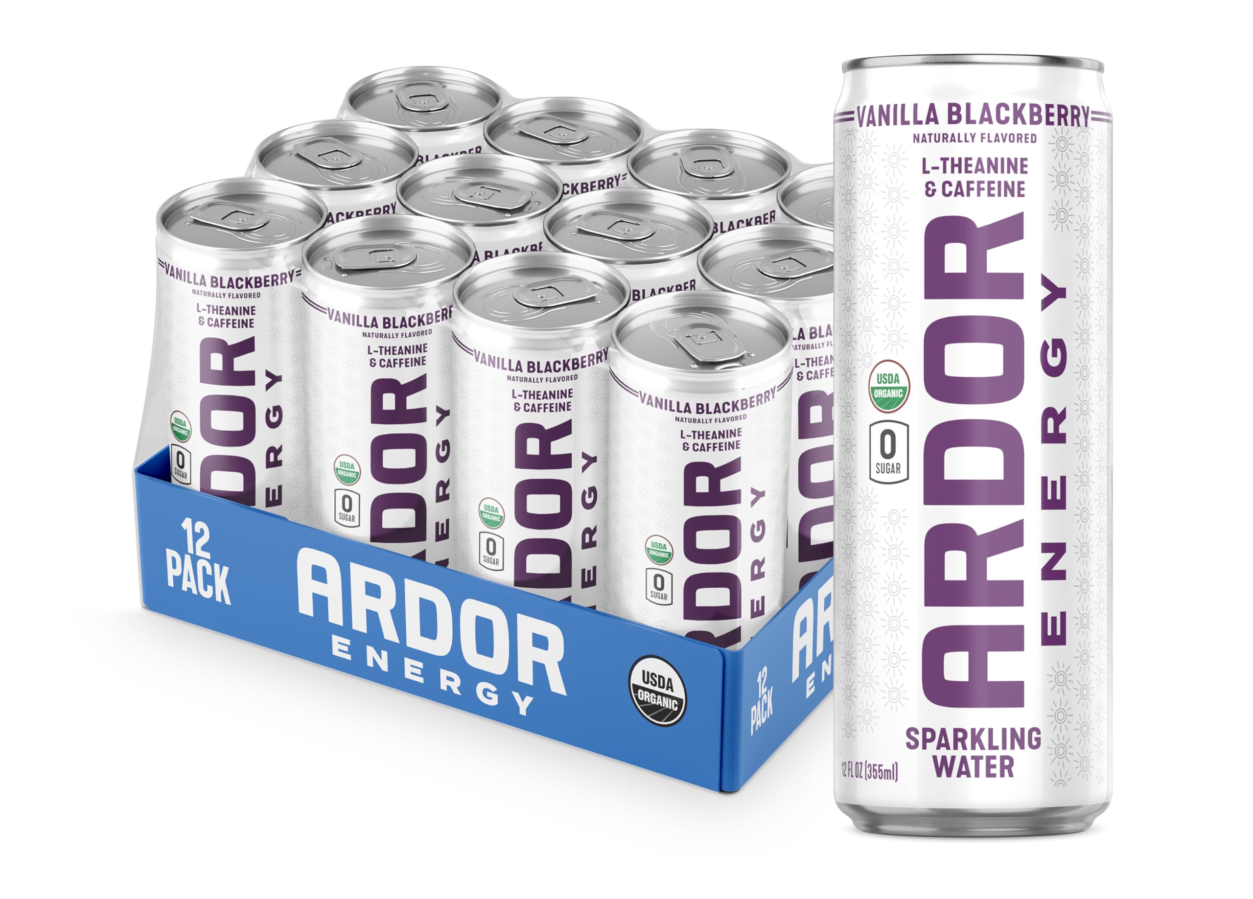 ARDOR Vanilla Blackberry, Functional Sparkling Water w/ Organic Caffeine from Green Tea (Energy) & Organic L-Theanine (Focus/Calm). Zero Sugar, Zero Calories, Plant Based (12 oz, 12-pack)