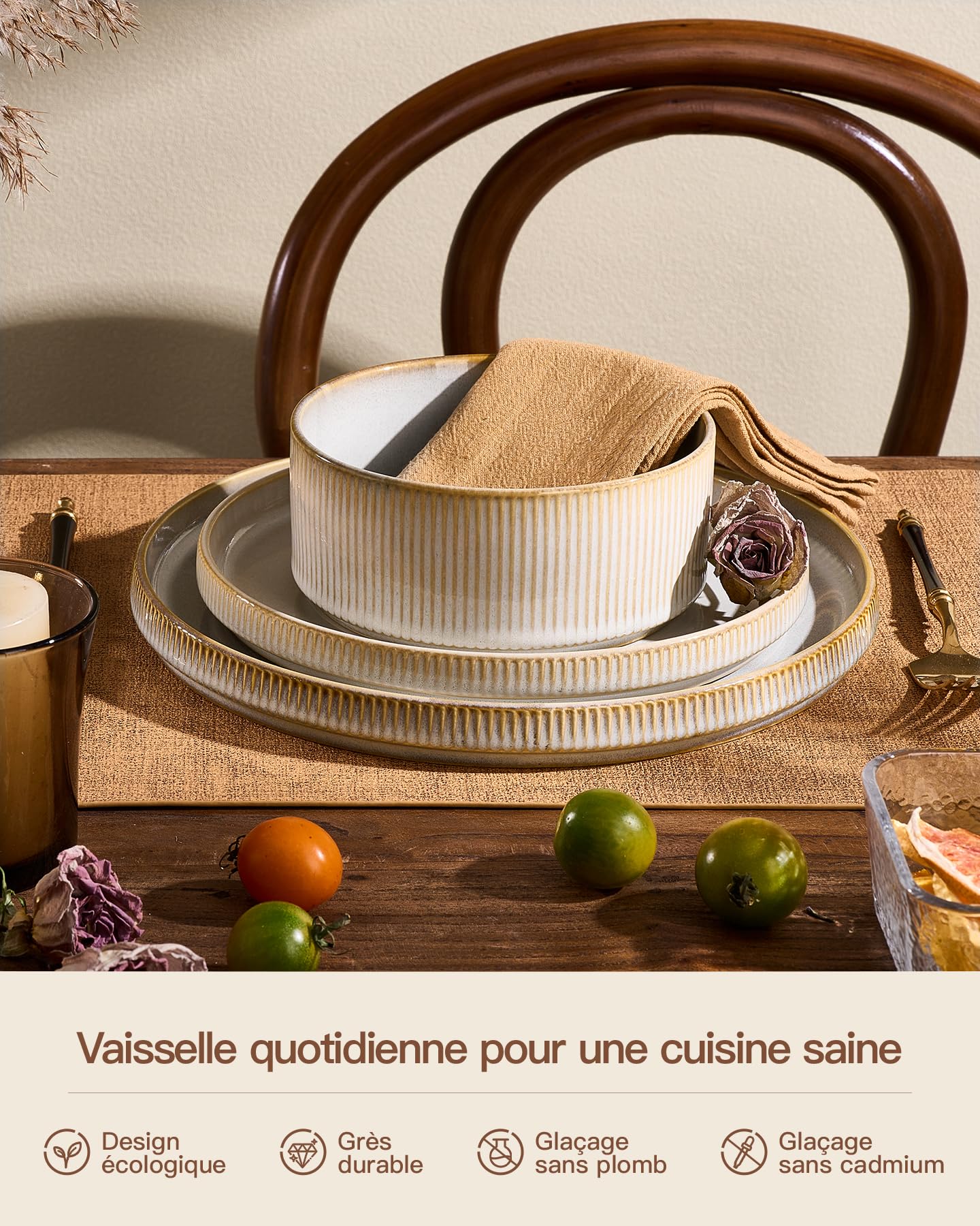 Richmount Star Set d'assiettes 12 pièces, Set de vaisselle 4 personnes, Set de vaisselle en faïence, Service de table anti-rayures, Micro-ondes & Lave-vaisselle, Cappuccino Blanc