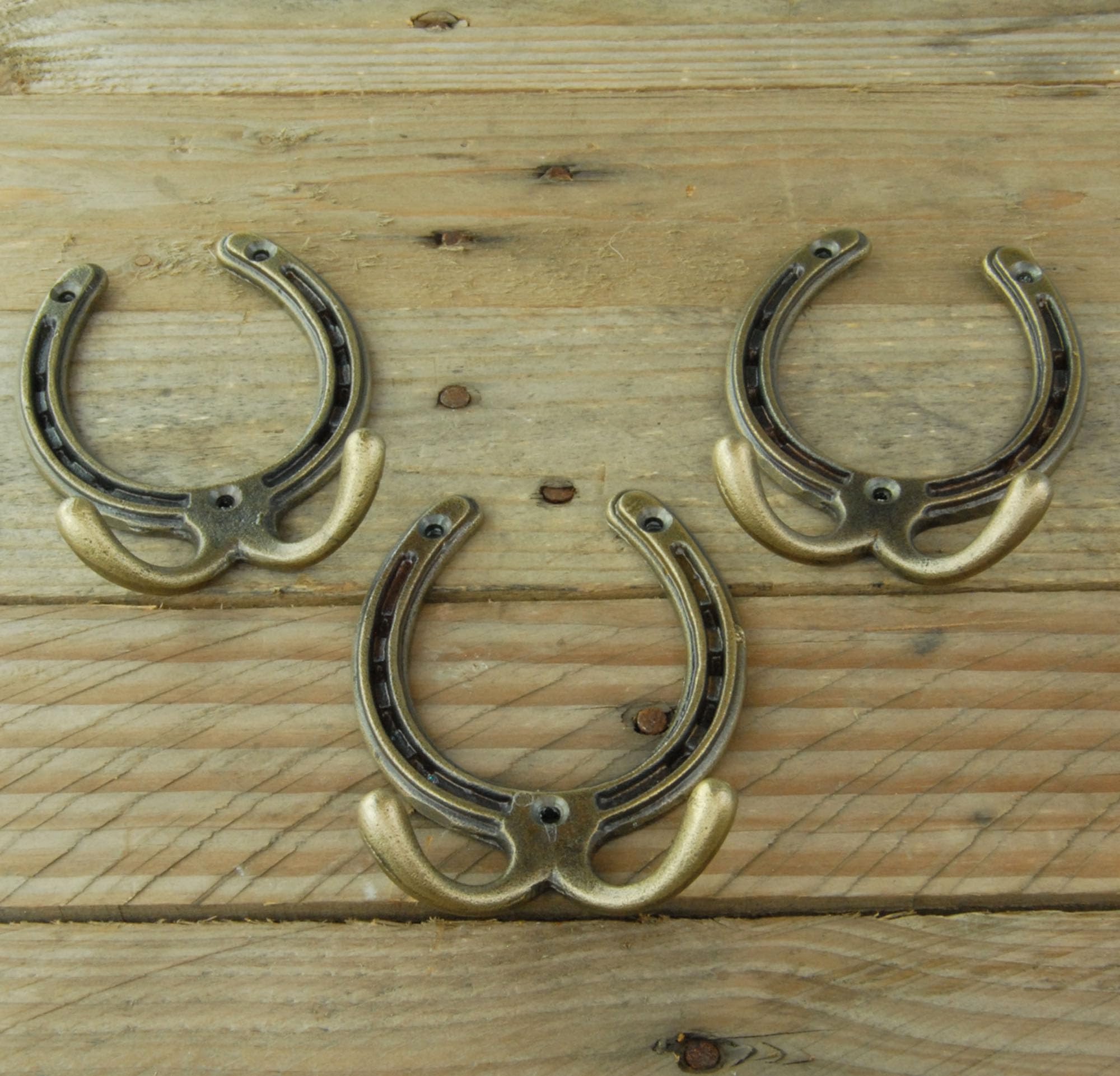 UNDERGROUND PARTS Set of 3 - Horseshoe Vintage Cast Iron Metal Wall Hooks Antique Brass Finish