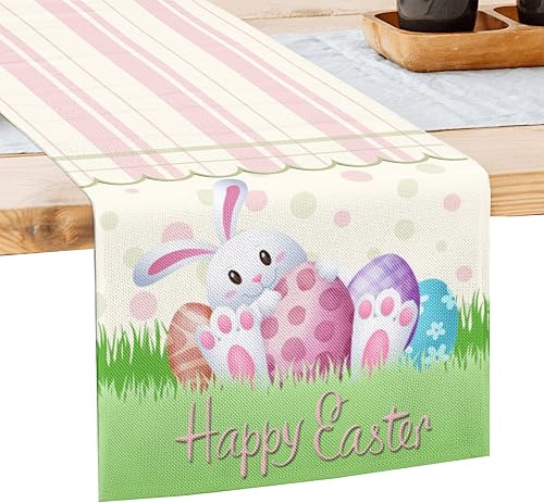Camino de mesa de Pascua lindo conejo feliz pascua arpillera rosa y verde decoración de mesa de casa de campo para fiesta en el hogar 13 x 72