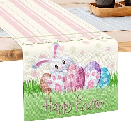 Easter Table Runner Cute Rabbit Bunny Happy Easter Runners Pink and Green Burlap Spring Dresser Cover Farmhouse Table Decor for Home Party 13x72 Inches Long (Cute Rabbit, 13x72 Inche)