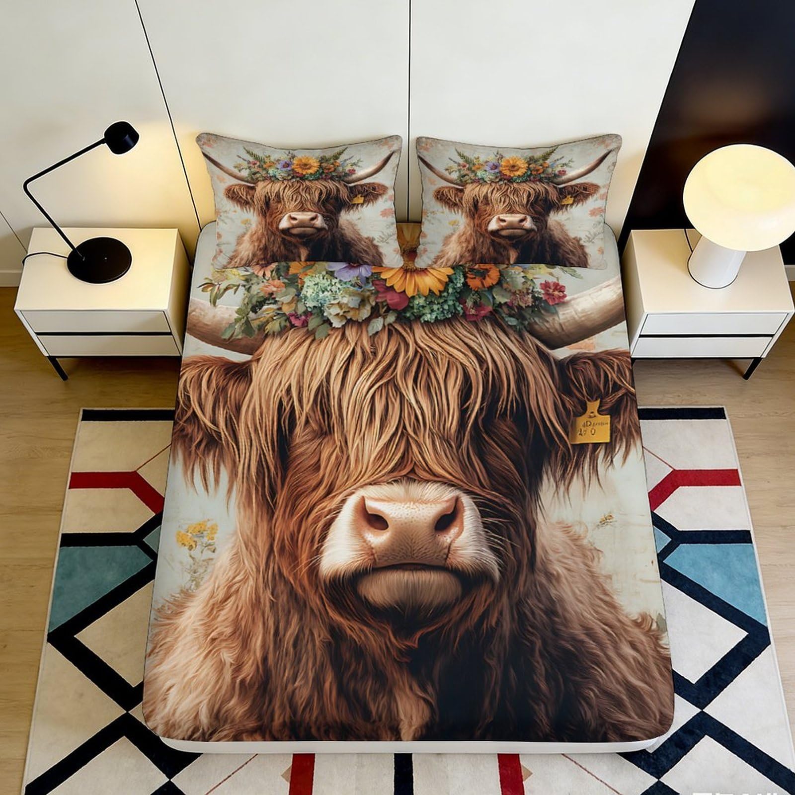3D Printed Highland Cow Fitted Sheet Microfiber Soft Durable Floral Crown Bed Cover for Bedroom Dormitory Guest Room Mattress Protection Decor 160x200x25cm