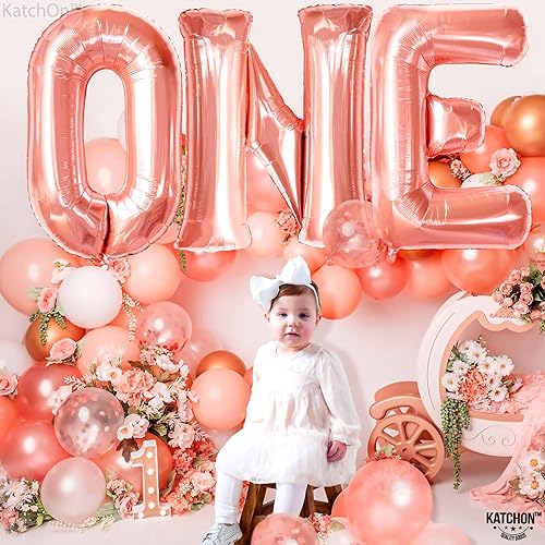 Miniatura 4 de KatchOn, Globo de oro rosa con el número 1, paquete de 2, globo número uno, globo de oro rosa  1 globo para decoraciones de primer cumpleaños y