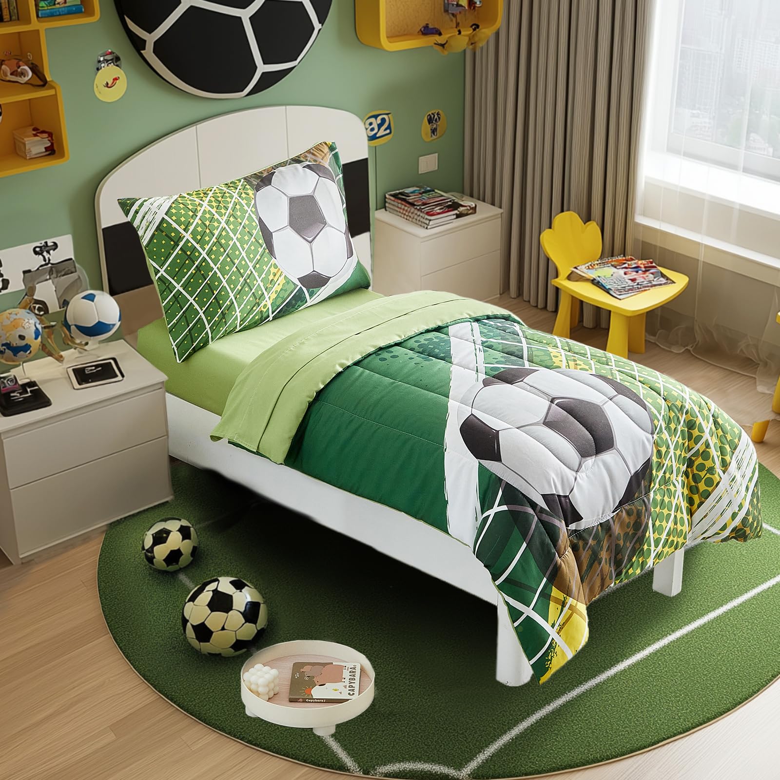 4 Pieces Soccer Toddler Bedding Set for Boys Girls Yellow Green Soccer Field Toddler Bed Set with Goal Cute Toddler Bed in a Bag with Sheet Set and Pillow Shams
