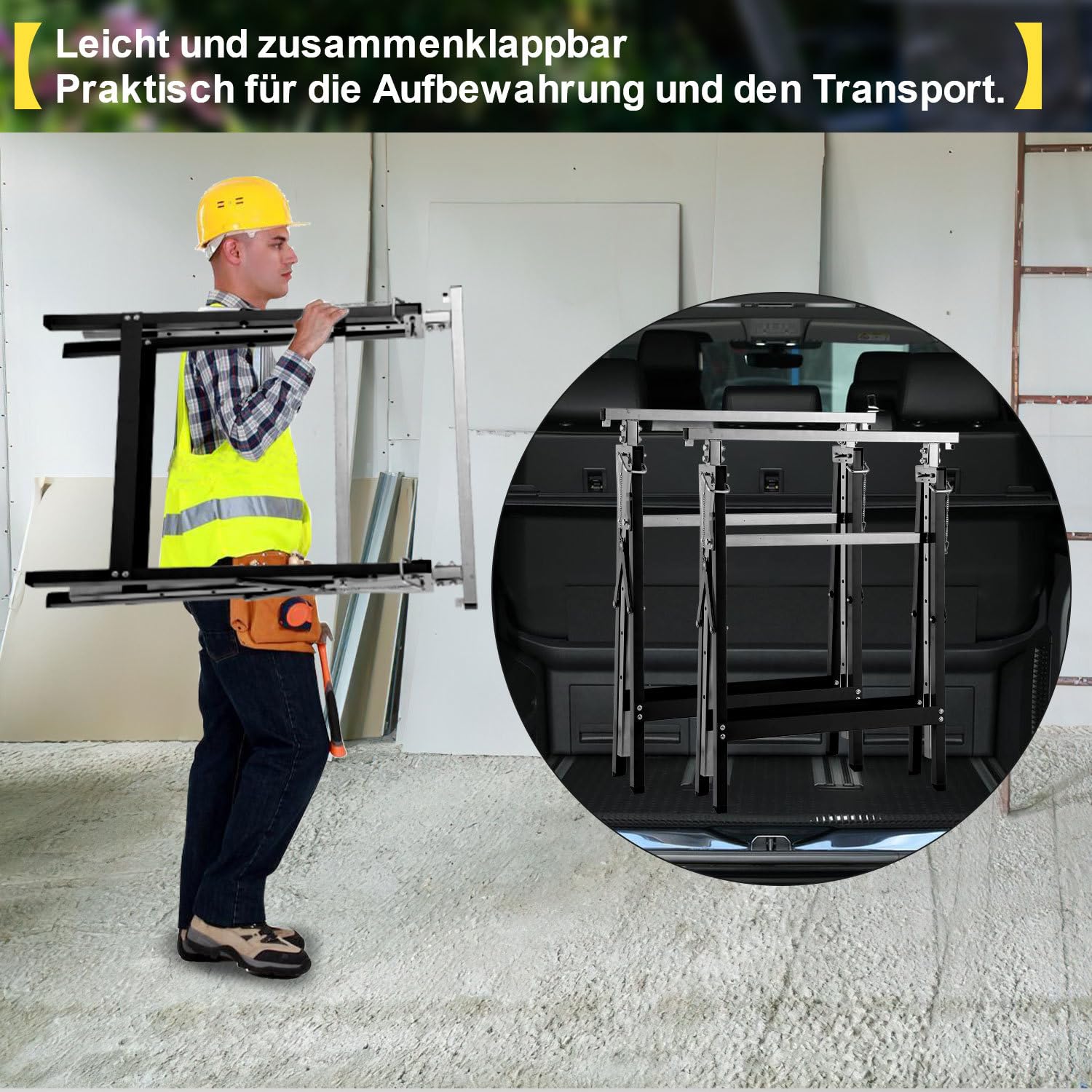 Teleskop-Arbeitsbock 2er Set höhenverstellbar 80-130 cm, 200 kg belastbar, klappbar und rutschfest, Gerüstbock für Malerarbeiten, Bau, Garten und Werkstatt, Schwarz