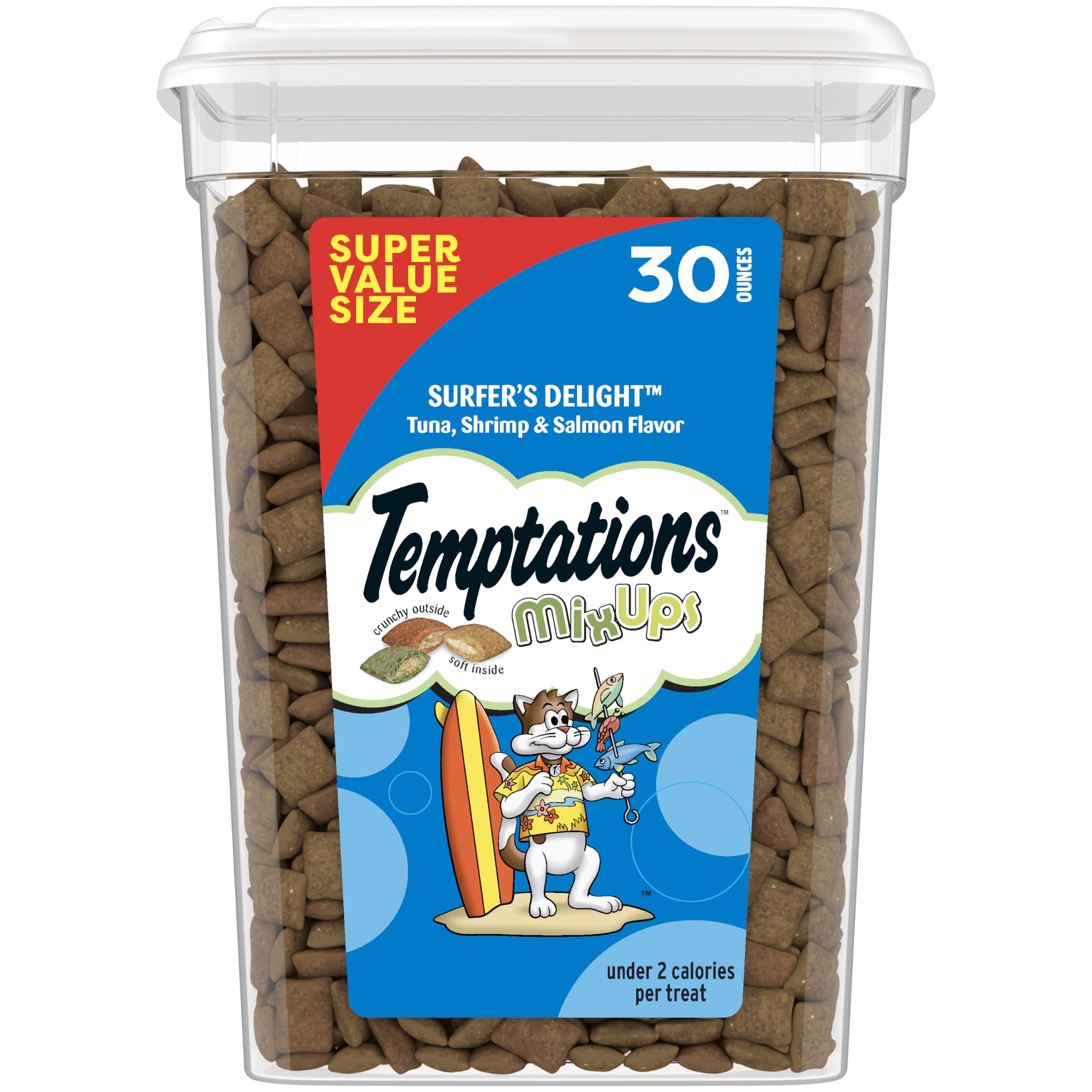 Cat Treats MixUps Surfer's Delight, Tuna, Shrimp, Salmon Flavor, Crunchy and Soft Cat Treats, 30 oz. Tub