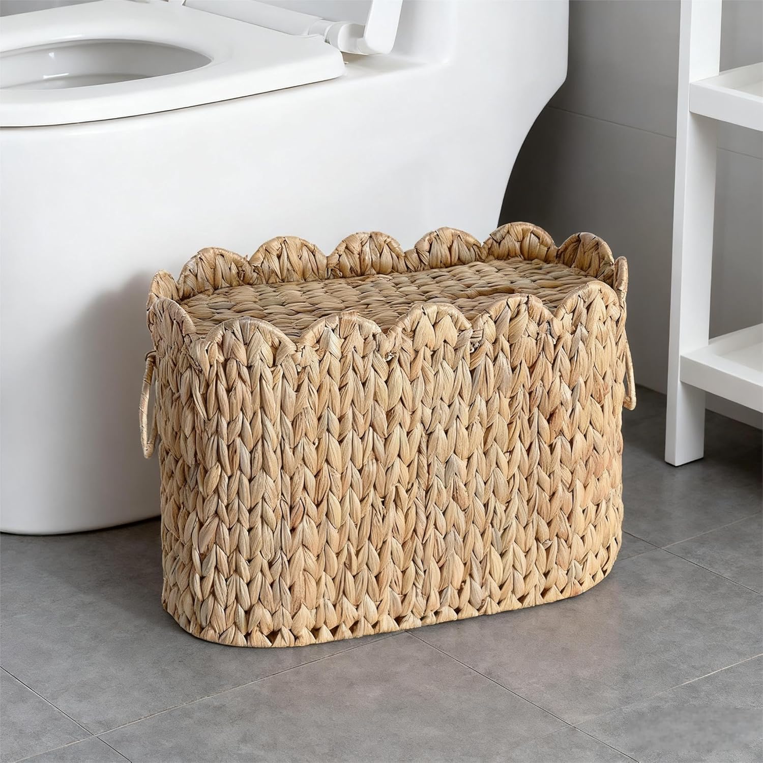 Narrow Wicker Toilet Paper Holder Basket with Lid, Scalloped Wicker Storage Basket with Lid,Woven Curve Basket,Rattan Bathroom Organizers and Storage Baskets- Holds Up to 9 Mega Rolls