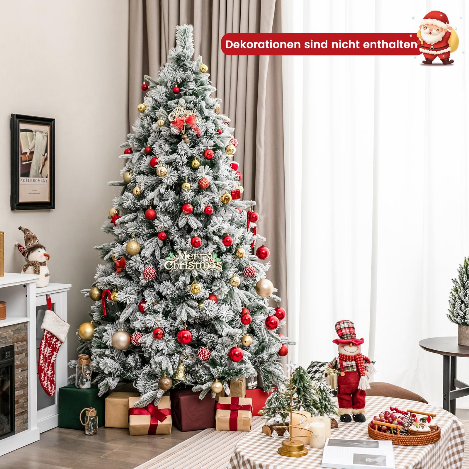 COSTWAY 210 cm Künstlicher Weihnachtsbaum mit Schnee und Beleuchtung, Tannenbaum mit 300 Warmweißen LED-Lichtern, 1096 gemischten Zweigspitzen, Christbaum, Kunstbaum Weihnachten für Zuhause, Grün