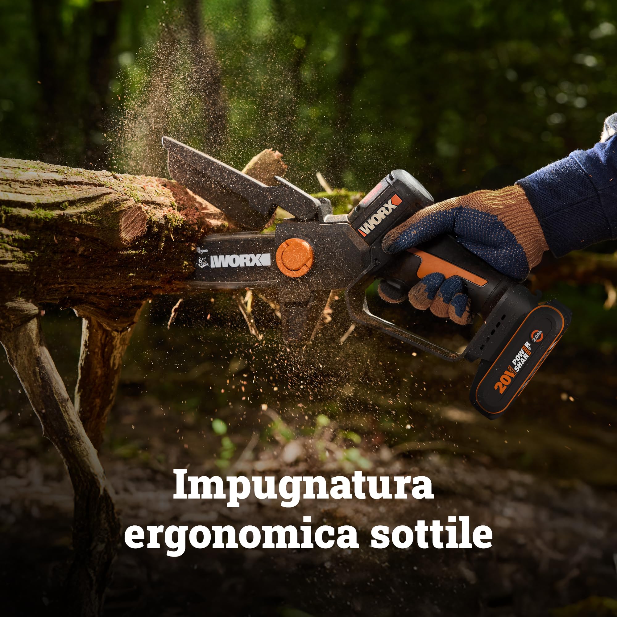 WORX WG327E.9 - Mini motosega a batteria, 20 V, lunghezza spada, 15 cm, motore brushless, cambio e tensione senza attrezzi, senza batteria e caricatore (compatto, leggero e cura degli arbusti)