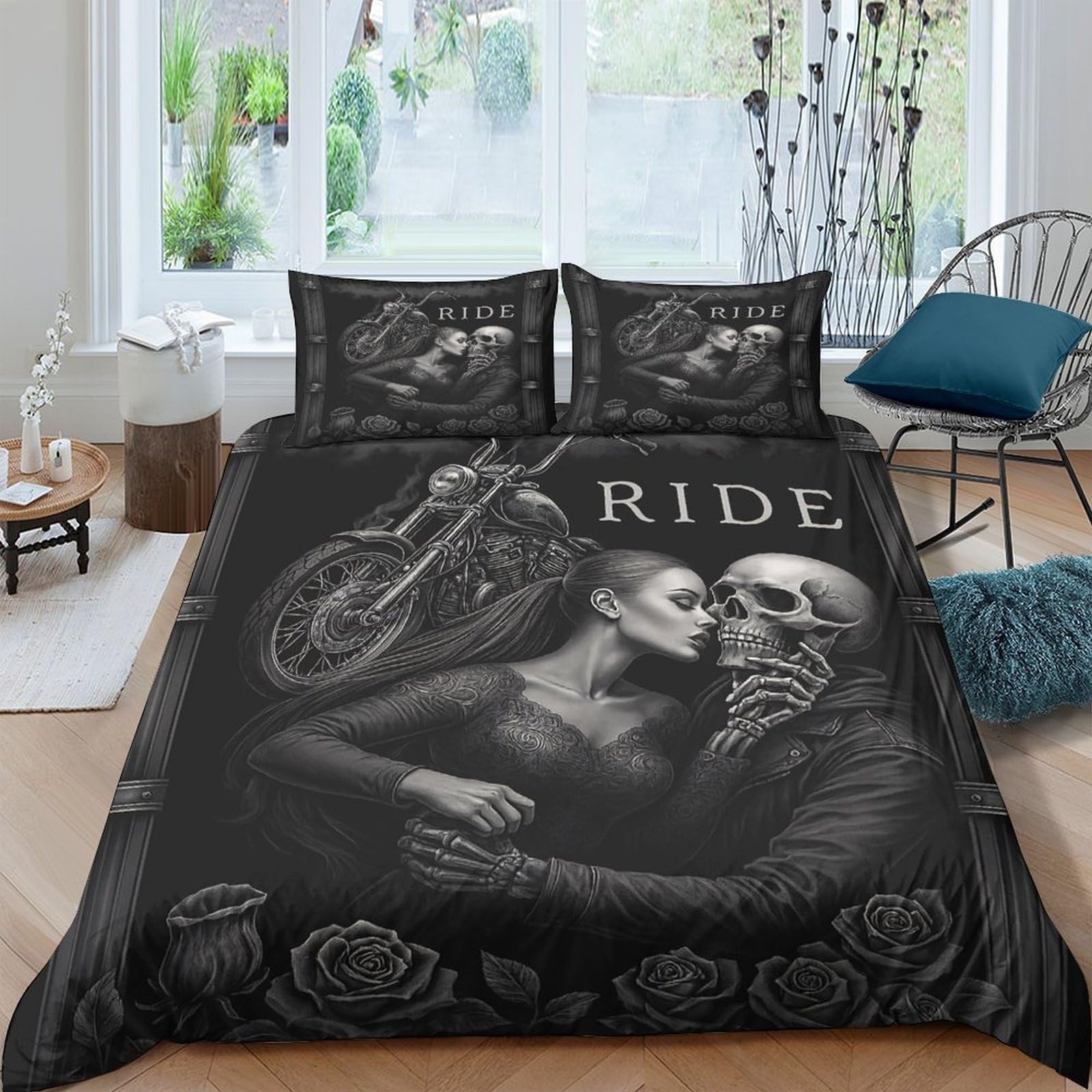 Ctjqhvkz Style-7 3D Printed Gothic Couple Fitted Sheet Microfiber Rose Skull Bed Cover For Bedroom Guest Room Decor Protection Single（135X200cm）