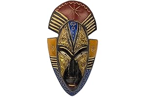 NOVICA Artisan Handmade African Wood Mask Sese Wall with Brass Accents