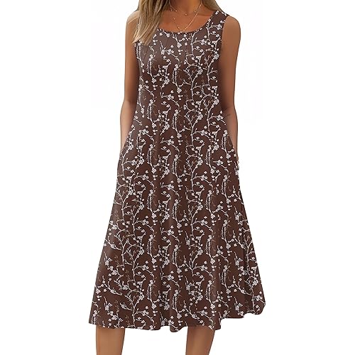 HOTOUCH Summer Casual Dresses for Women Sleeveless Midi Dress Swing Tank Sundress Pleated Tshirt Dress with Pockets