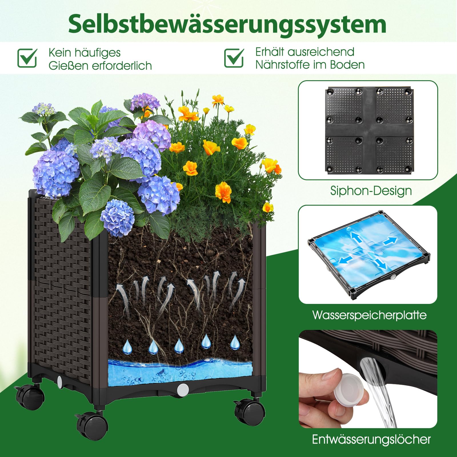 COSTWAY 2 in 1 Rosenbogen mit Blumenkasten, 250 cm, Gartenbogen aus Metall und PP, Spalier mit 2 Pflanzkästen auf Rollen & Drainagelöchern, Rankbogen Torbogen für Kletterpflanzen, Outdoor (Schwarz)