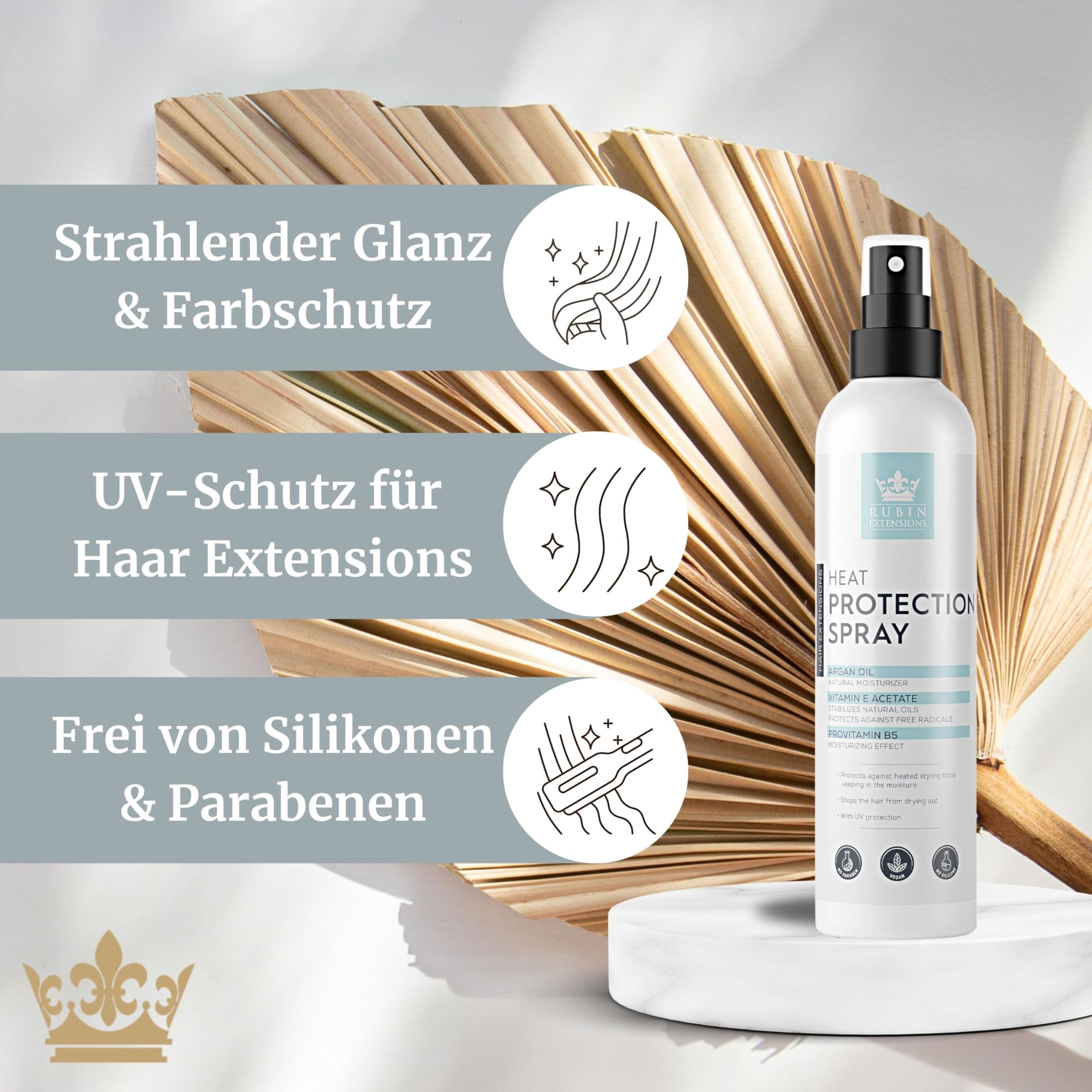 Rubin Extensions Spray chroniący przed wysoką temperaturą z olejkiem arganowym i ochroną UV 200 ml – ochrona przed wysoką temperaturą i pielęgnacja błyszczących włosów – wegański, bez silikonów i
