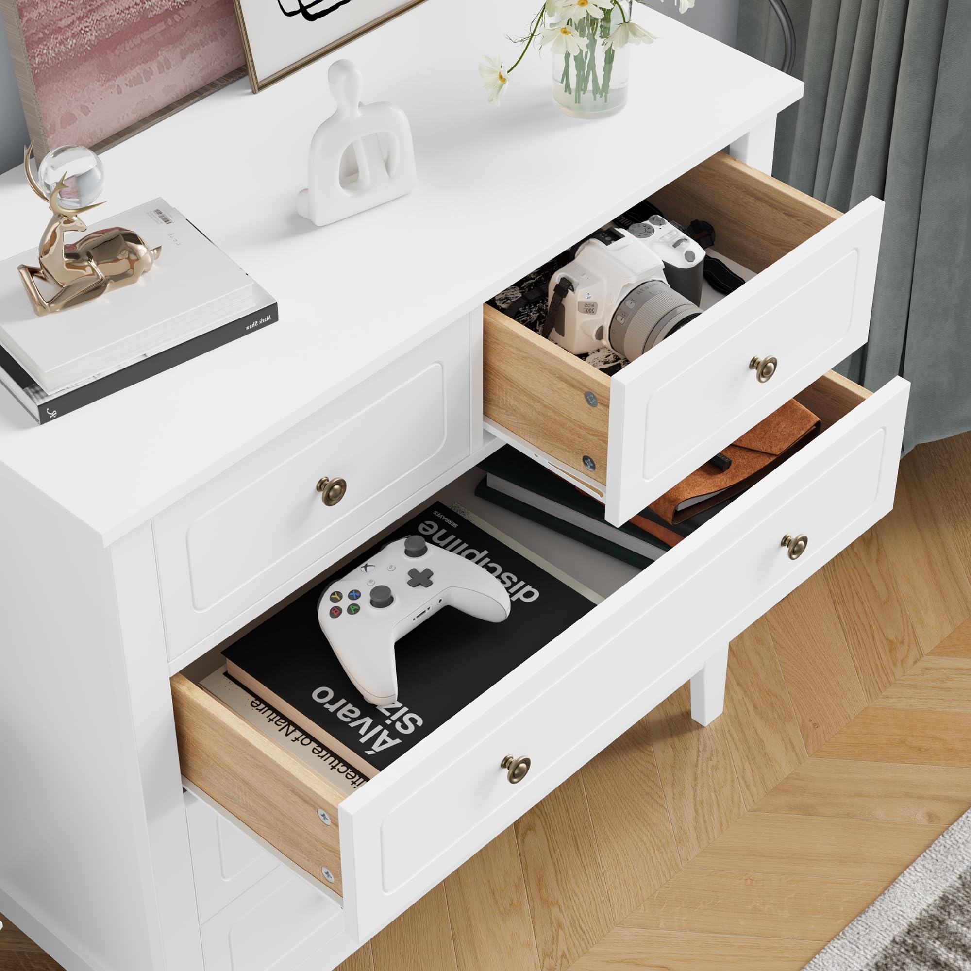 FOREHILL 80cm Cómoda con 5 Cajones, Cómodas y Cajoneras, Cajonera Blanca | Cómoda Dormitorio, Mueble Almacenaje para Dormitorio, Salón, Moderno, Blanco, 40x80x80cm