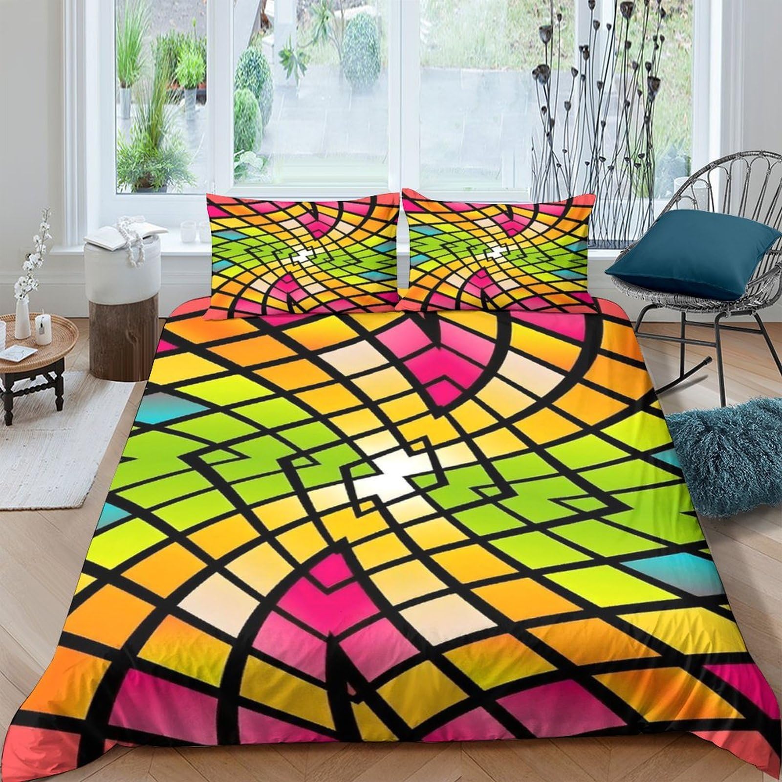Ctjqhvkz Style-2 3D Printed Geometric Mosaic Fitted Sheet Microfiber Vibrant Colorful Abstract Bed Cover For Bedroom Guestroom Mattress Decor Single（135X200cm）