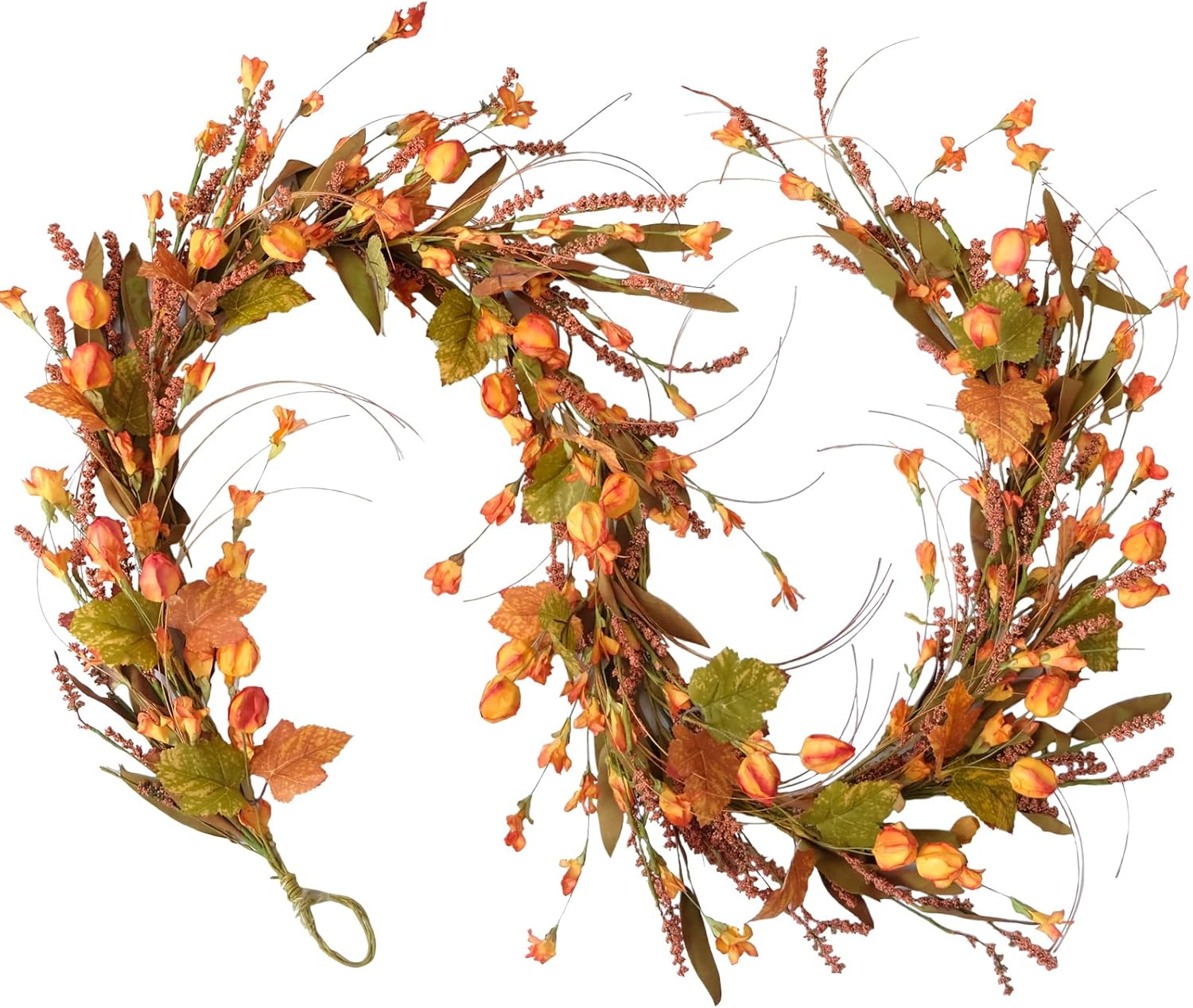 Fall Garland for Front Door, 82" Autumn Orange Maple Floral Wreath with Forsythia, Harvest Garland for Festival Thanksgiving Farmhouse Wall Home Decor