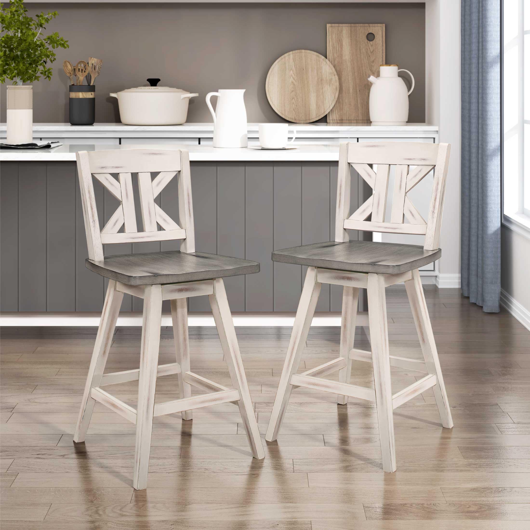 Homelegance Solid Wood Kitchen Counter Barstool with KK Back and Footrest, Counter Height Swivel Stool, Armless Dining Chairs for Kitchen Island, Set of 2, White
