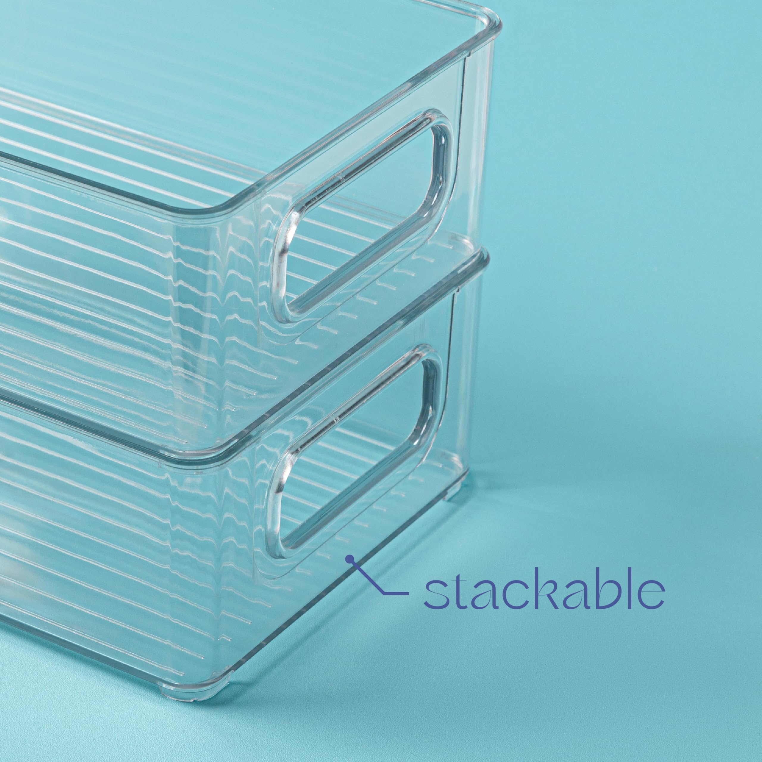 Contenedor de plástico transparente para almacenamiento de alimentos con asas para organizar cocina, despensa, refrigerador, congelador, despensa, armario, baño. Apilable, 10 x 6 x 3 pulgadas