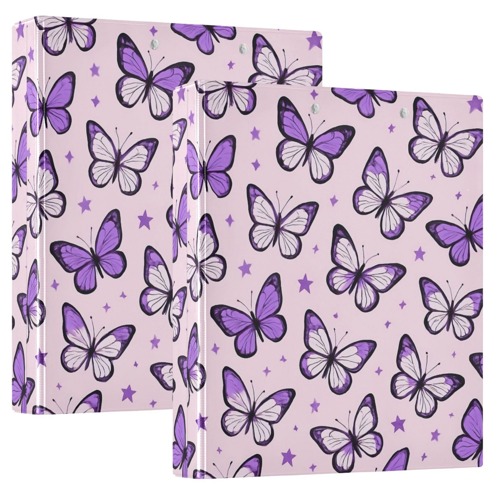 Raccoglitore a 3 anelli con stampa da 3,8 cm, raccoglitore ad anelli a D con tasche, raccoglitore decorativo per scuola, università o ufficio, viola, farfalla, stella, rosa