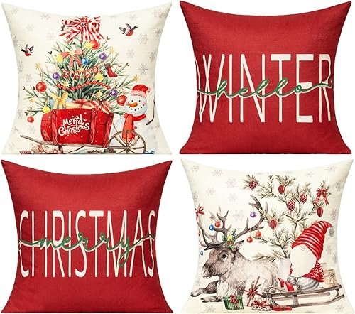 Juego de 4 fundas de almohada navideñas de 20 x 20 pulgadas, decoración de Navidad de granja, para exteriores, muñeco de nieve, invierno,