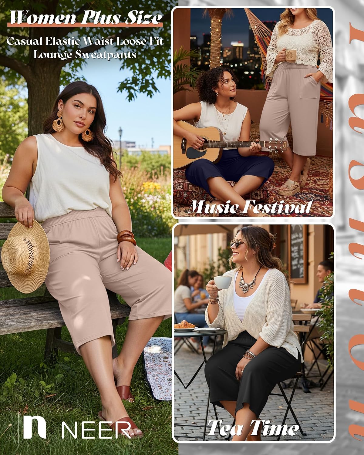 Neer 3 Pack Women Plus Size Capris Cotton Wide Leg Cropped Pants Casual Elastic Waist Loose Fit Lounge Sweatpants with Pocket