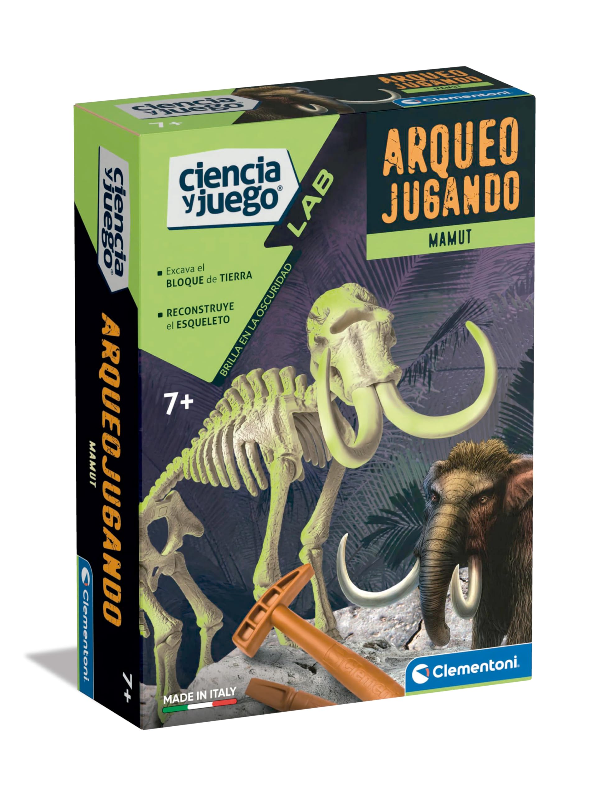 Clementoni 55540 Arqueojugando Mamut fosforescente Juego de Ciencias, para Montar tu Propio Dinosaurio fosforescente y Descubrir la Ciencia de la arqueología, A Partir de 7 años
