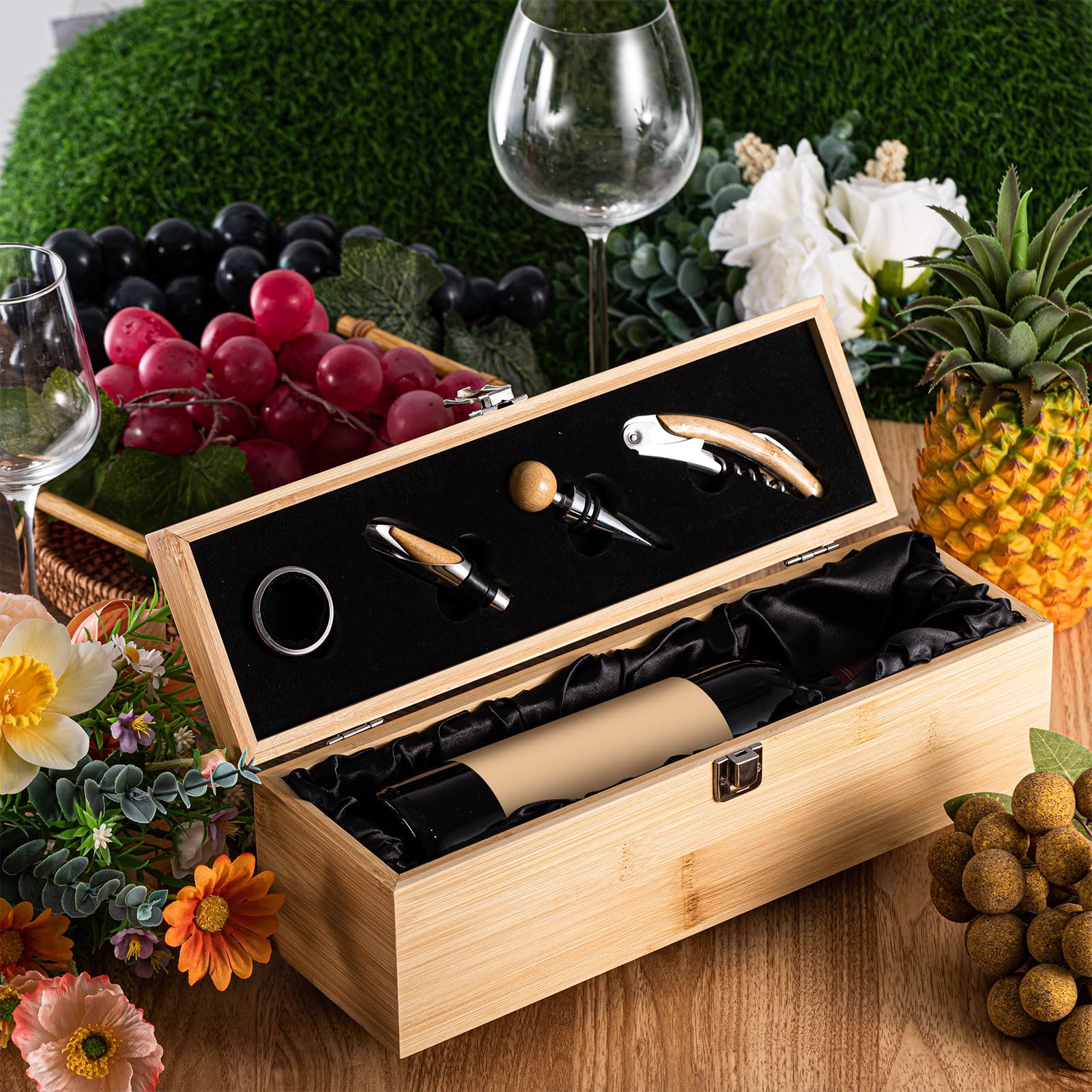 Cajas de regalo de vino de madera, caja de vino con juego de 4 accesorios, soporte de botella individual de madera retro, caja de regalo de Navidad, estuche de almacenamiento para amantes de 5