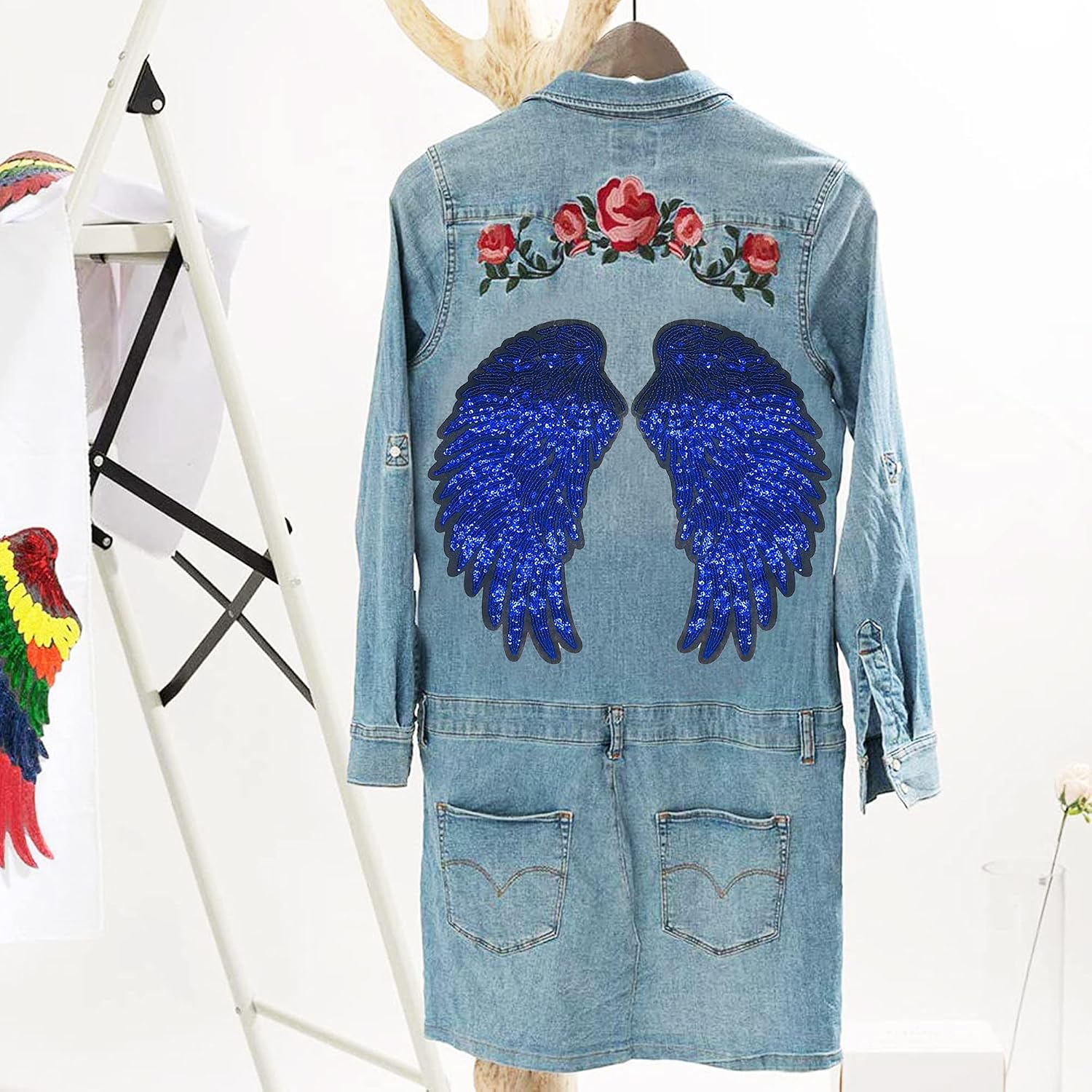 Woohome 10 Pack Sequin Wings Set Iron on Patches, 7 Pair of Wings Sequins Angel Wings and 2 PCS Crown Appliques Stickers Embroidered Bling Wings for Jackets Cloth DIY Decoration Accessory Gifts