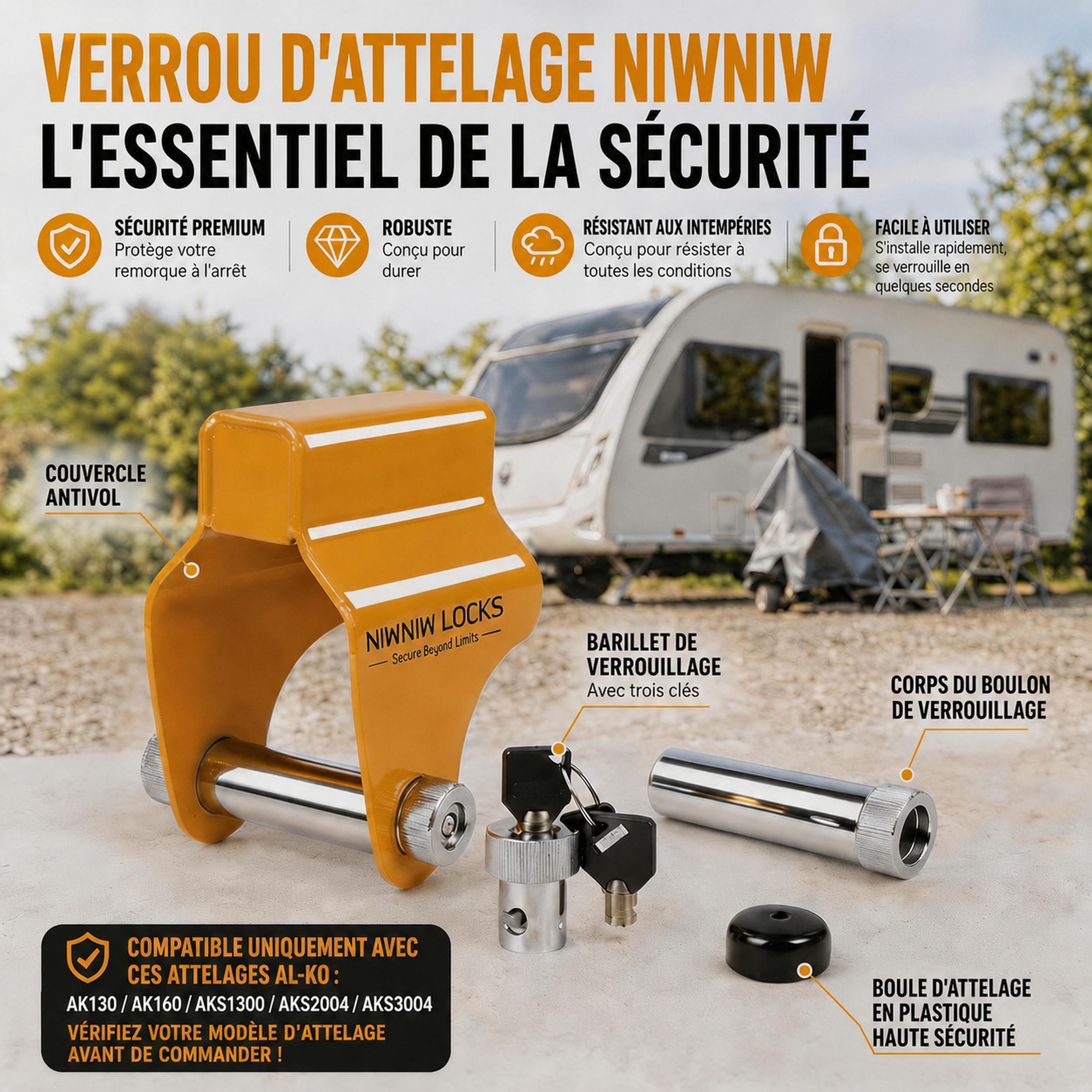NiwNiw Antivol Verrou d'Attelage Haute Sécurité pour Remorque et Caravane - Cadenas Robustes en Acier Renforcé pour ALKO AKS1300/2004/3004 & AK130/160 - Protection Attelée et Non Attelée