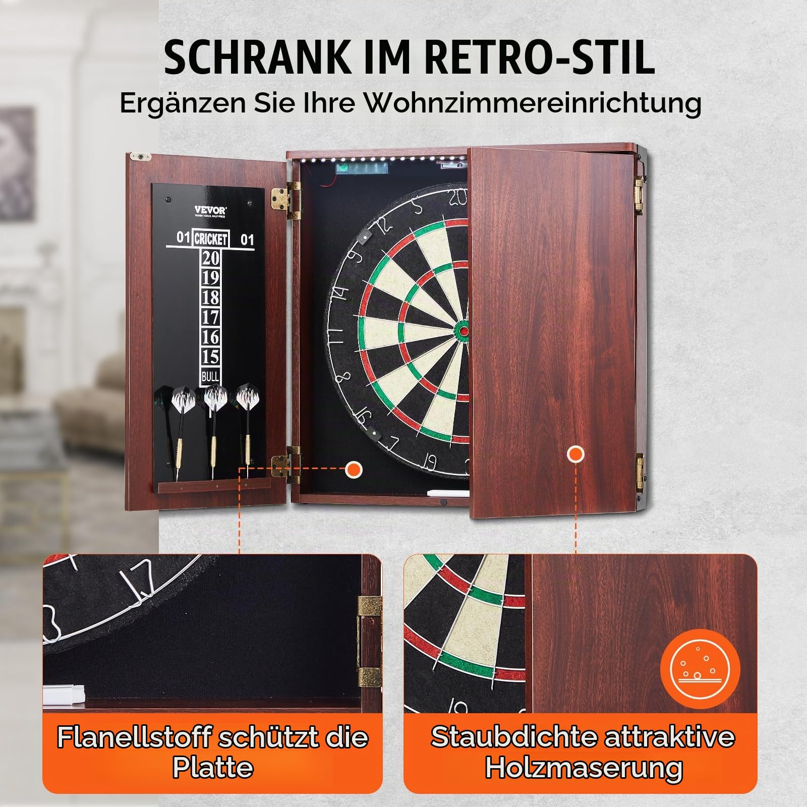 VEVOR Dartboard- und Schrankset, Home Dart Board Center in offizieller Größe, versteckbarer Dartschrank mit Stahlspitzen & mit LED-Licht & einfacher Montage, komplett mit sämtlichem Zubehör