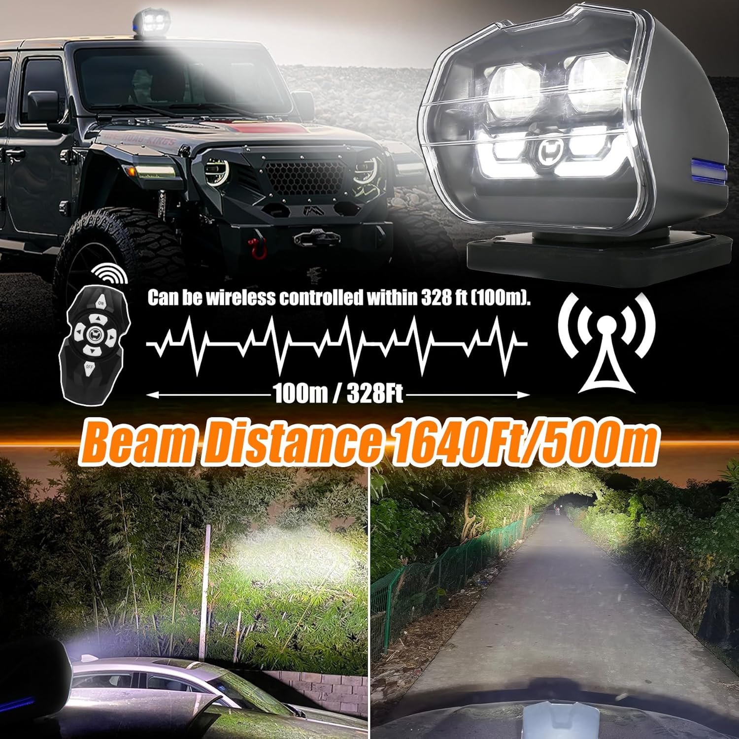 LED Search Light Wireless Remote Control 360° Rotating Searchlight with Strong Magnetic Base&Permanent Mount Automatic Search LED Truck Spot Light for Boat Marine SUV Farm Field