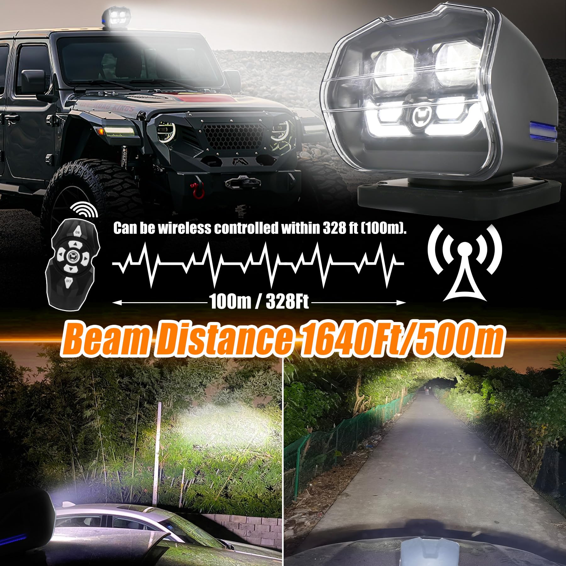 MOVOTOR LED Search Light Wireless Remote Control 360° Rotating Searchlight with Strong Magnetic Base&Permanent Mount Automatic Search LED Truck Spot Light for Boat Marine SUV Farm Field