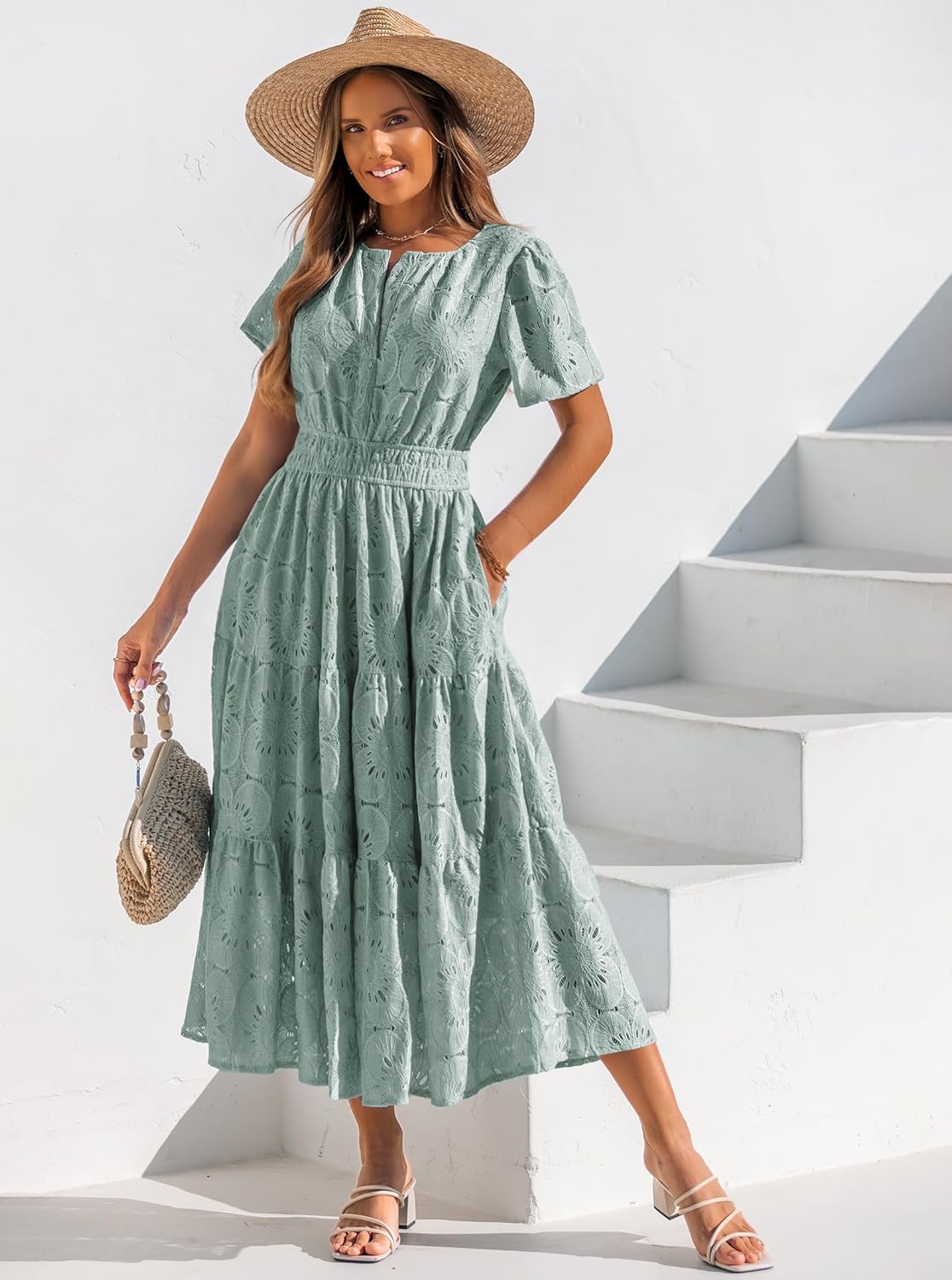 Summer Flowy Maxi Dresses for Women 2026 Spring Vacation Eyelet Lace Short Sleeve Wedding Guest Casual Boho Dresses - Image 2