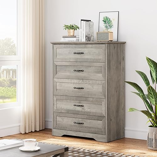 IDEALHOUSE Modern 5 Drawers Dresser, Wooden and Tall Chest of Drawers with Deep Drawers, Large Capacity Storage Cabinet for Bedroom, Living Room and Hallway (Grey, 5-Drawers Dresser)