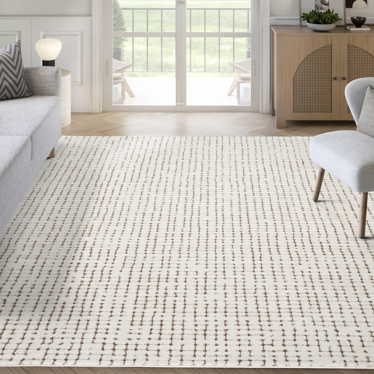 Abani Cream/Brown Area Rug – 6' x 9' – Oliver Collection – Crosshatch Pattern – Non-Shedding, Easy to Clean – Durable for Living Room, Bedroom, or