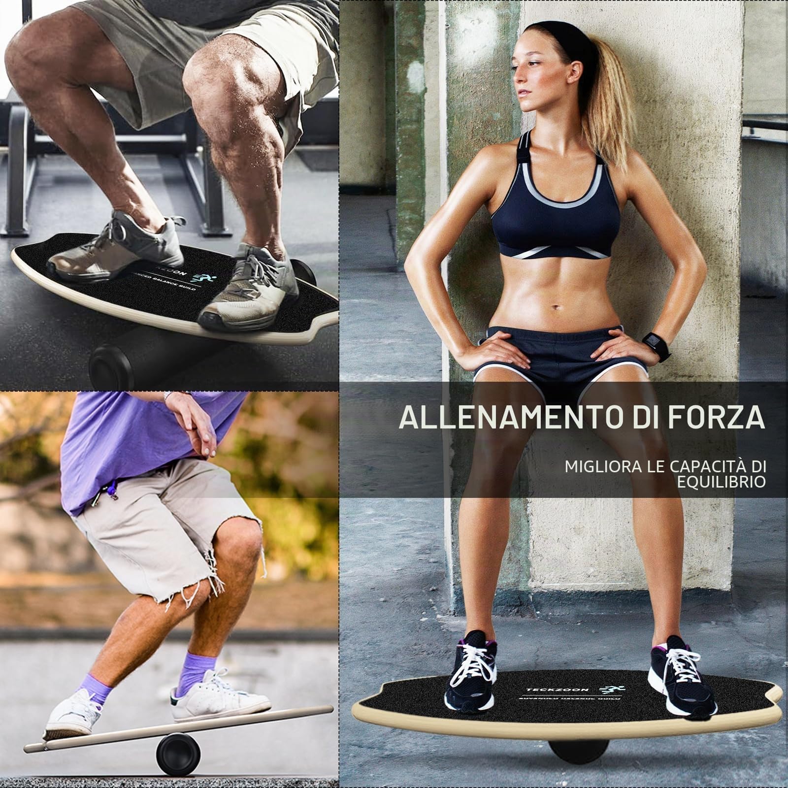 Tavola di’Equilibrio in Legno, Tavola d'Equilibrio Professionale con Rullo, Palla d’Equilibrio, Supporto, Tavola Indoor per Skateboard & Surf, Trickboard per Fitness, Yoga & Riabilitazione